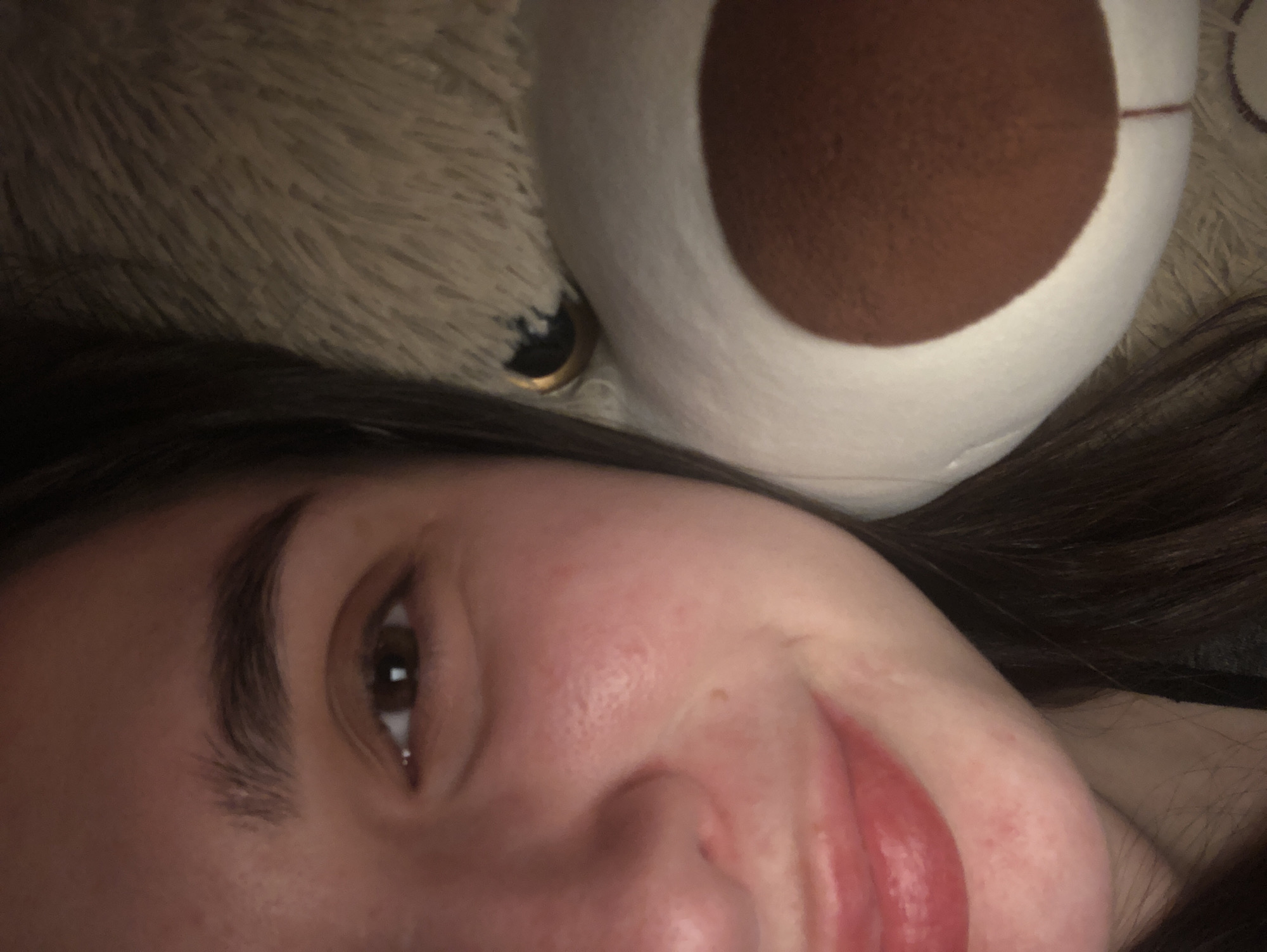 Woman poses with stuffed bunny, heart cream decoration in Russia