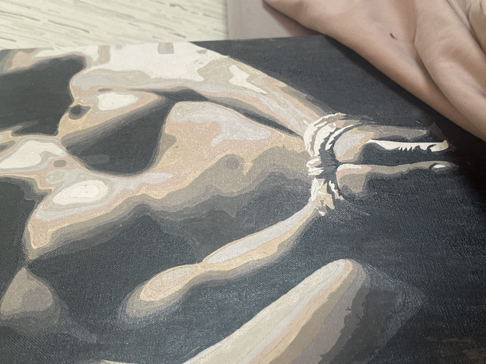 Artist documents paint-by-numbers nude figure paintings in progress, Russia