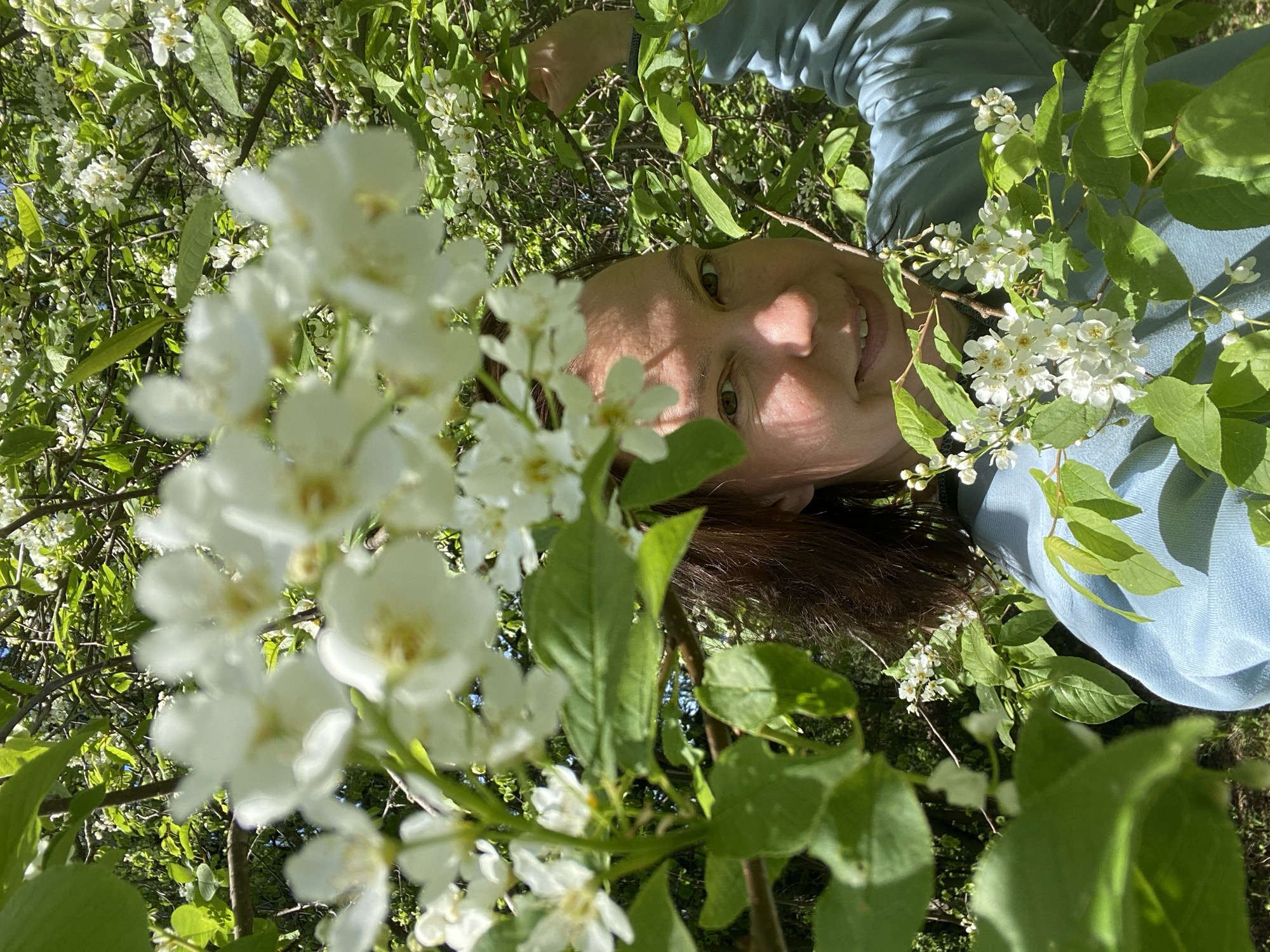Woman enjoys spring blooms in Russian garden