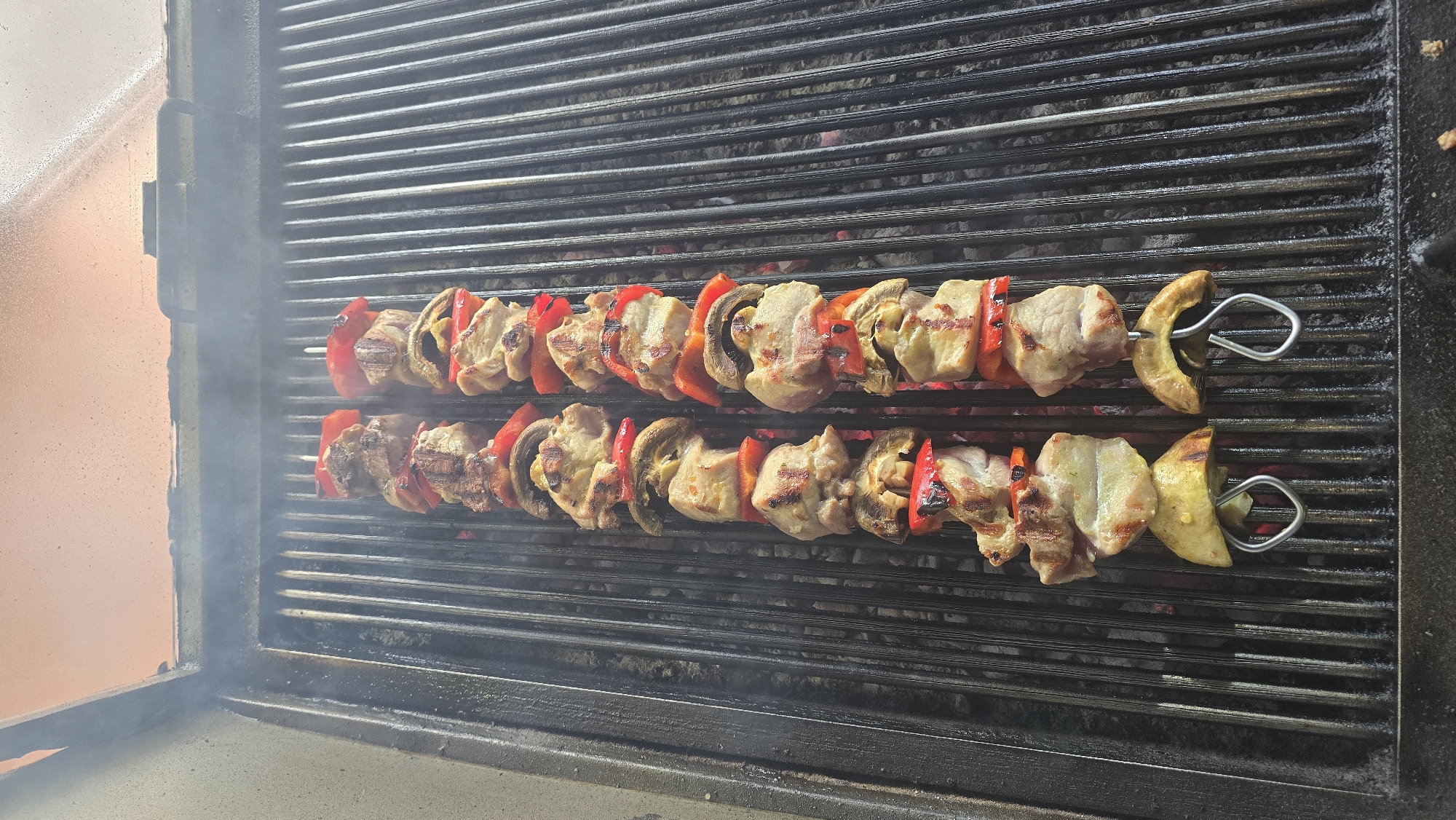 Mixed meat and vegetable skewers grilled in Haskovo, Bulgaria