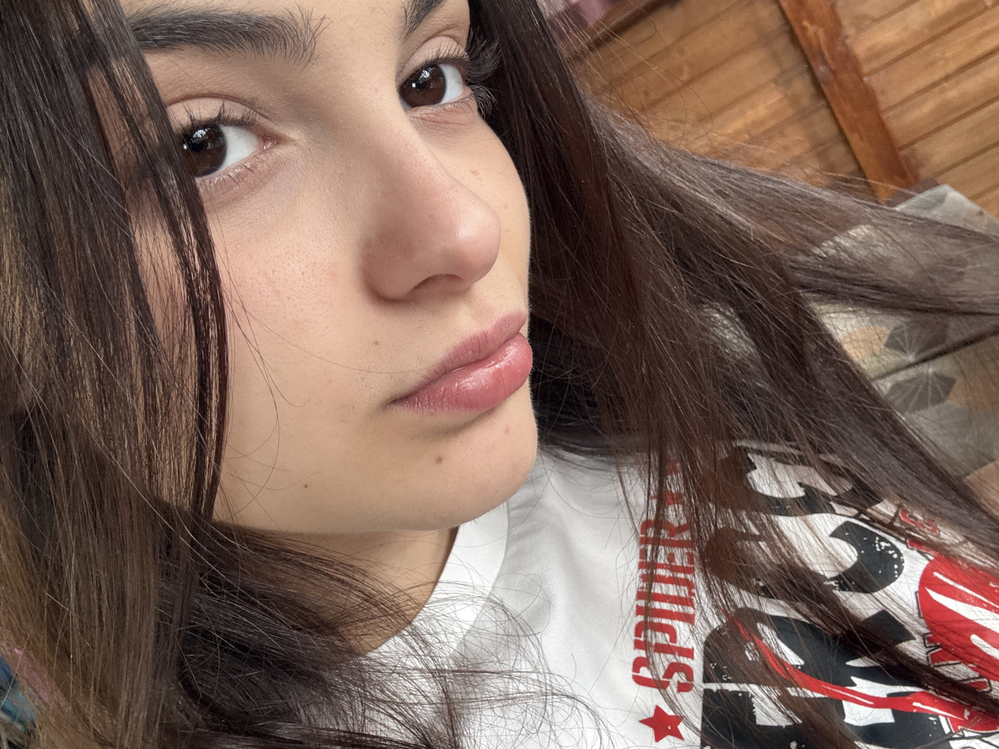 Woman takes selfies, drinks coffee at Bulgarian home