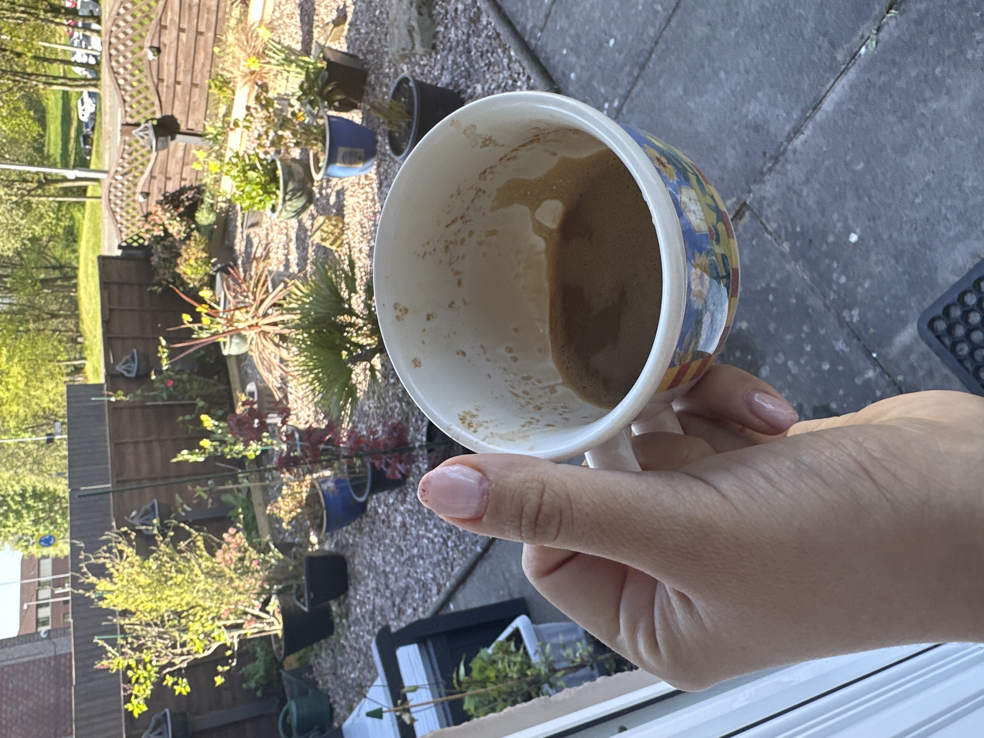 Morning coffee and energy boost moment captured in Macclesfield garden
