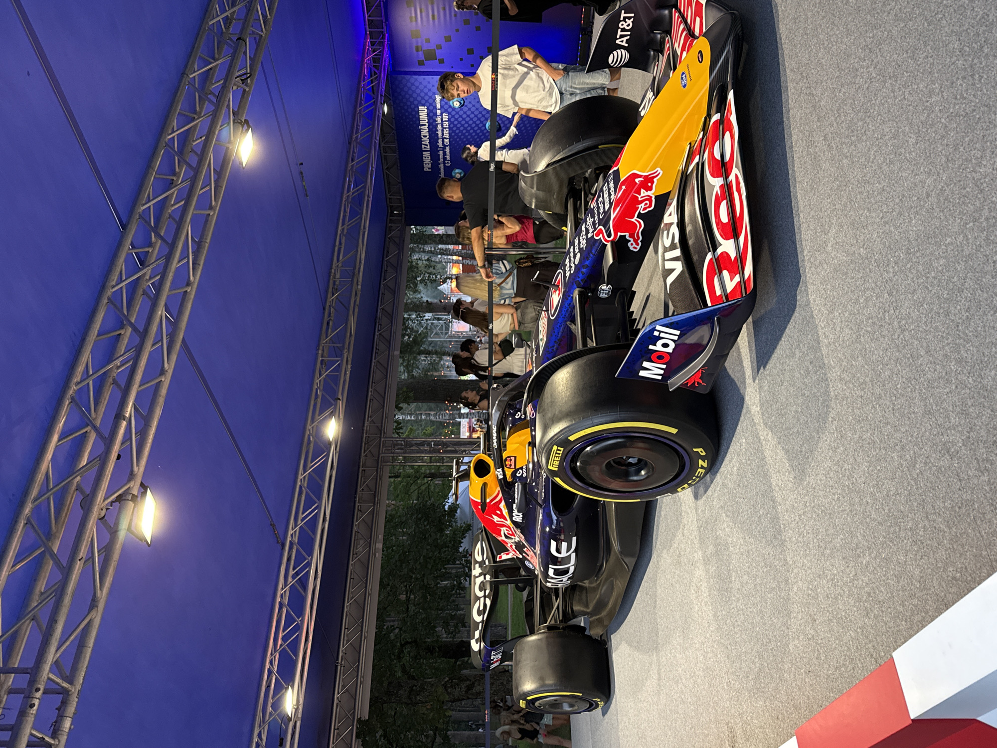 Red Bull F1 car on display at outdoor concert event in Riga