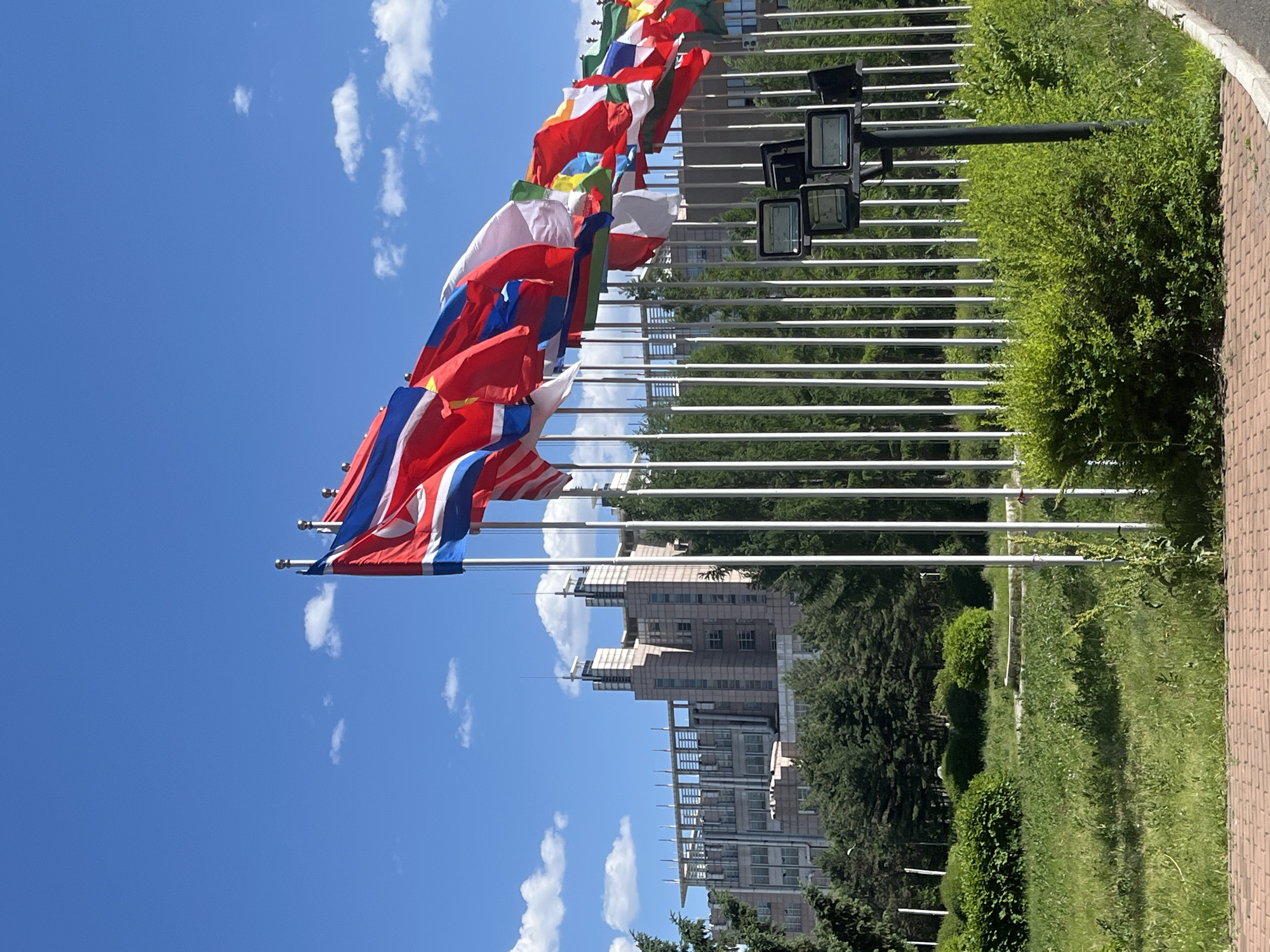 International flags displayed along Changchun street near institutional buildings