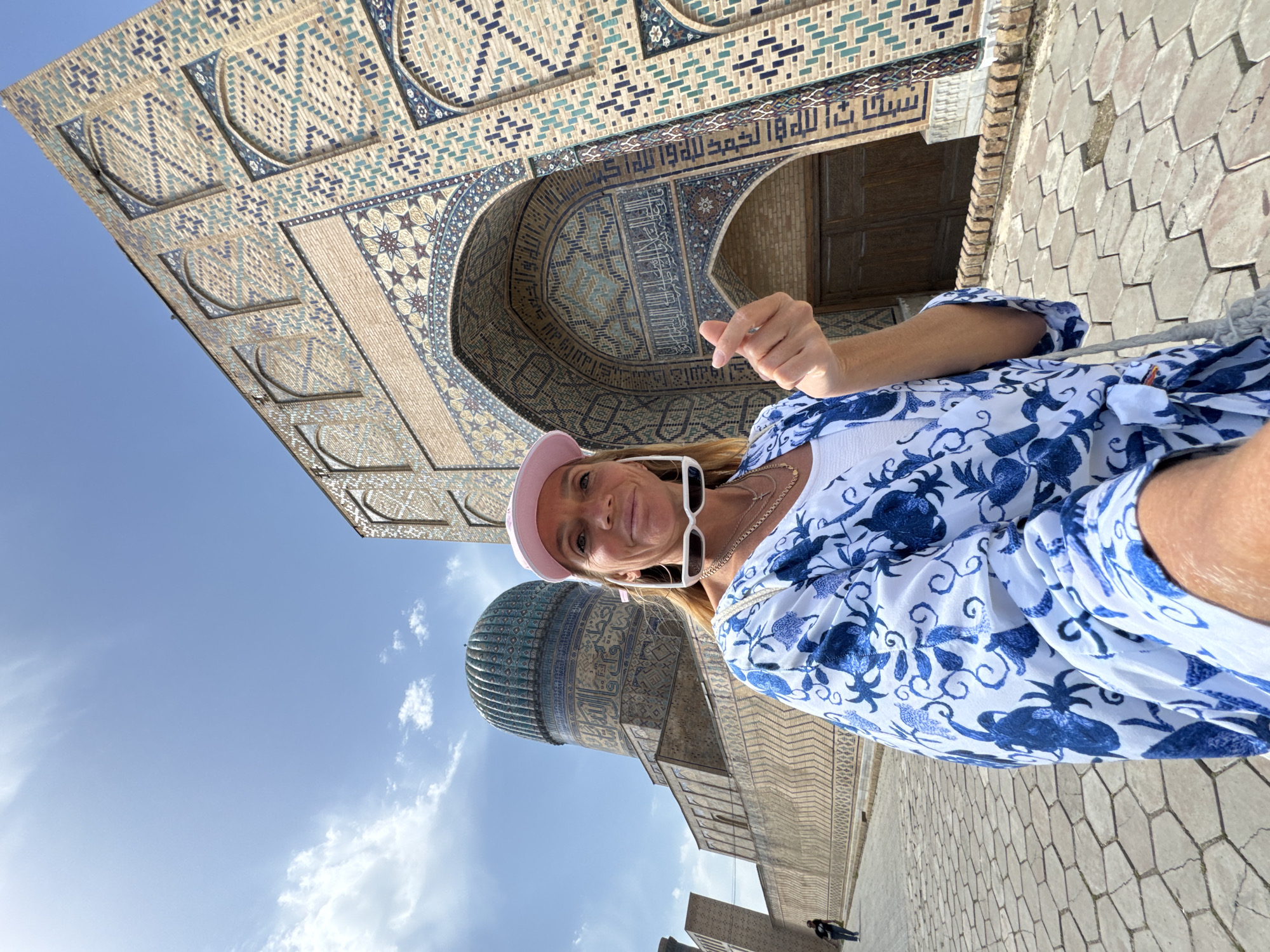 Tourist explores historic Bibi Khanym Mosque in Samarkand