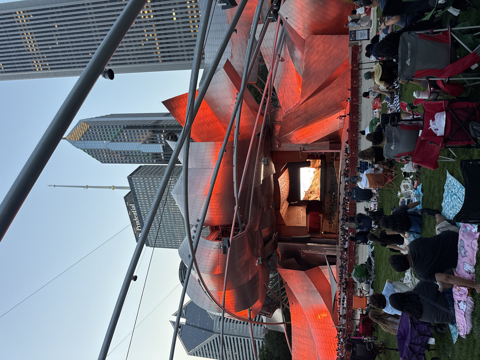 Jay Pritzker Pavilion glows on a clear Chicago evening