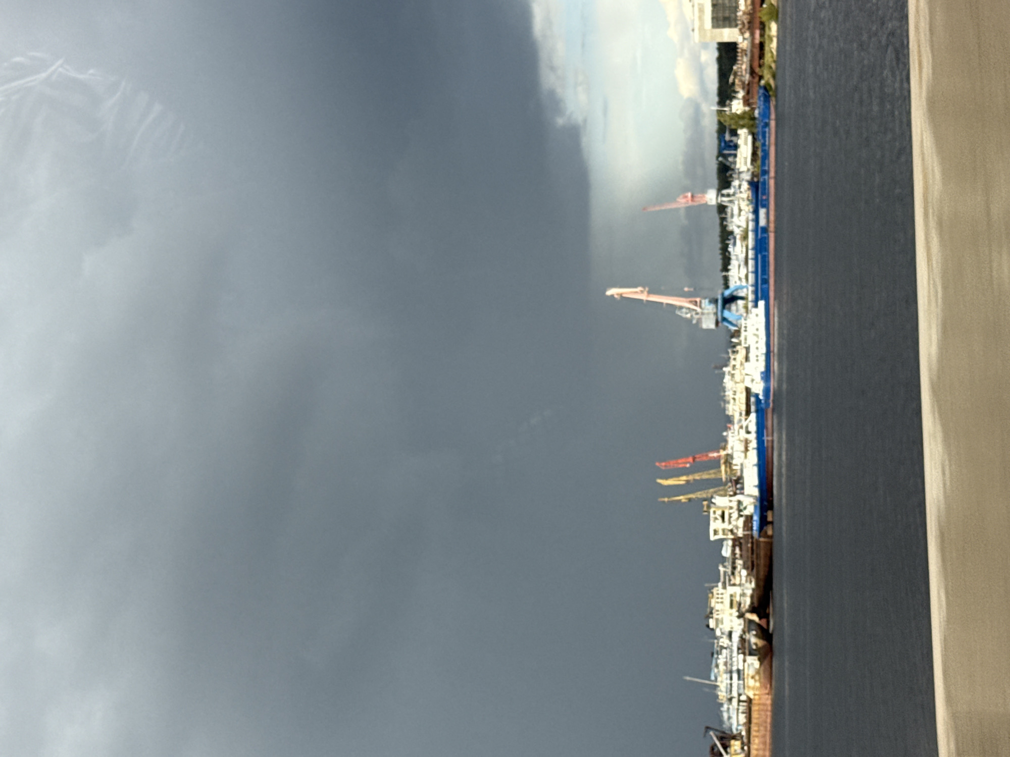 Ships and cranes spotted at Chaikovsky harbor under cloudy skies