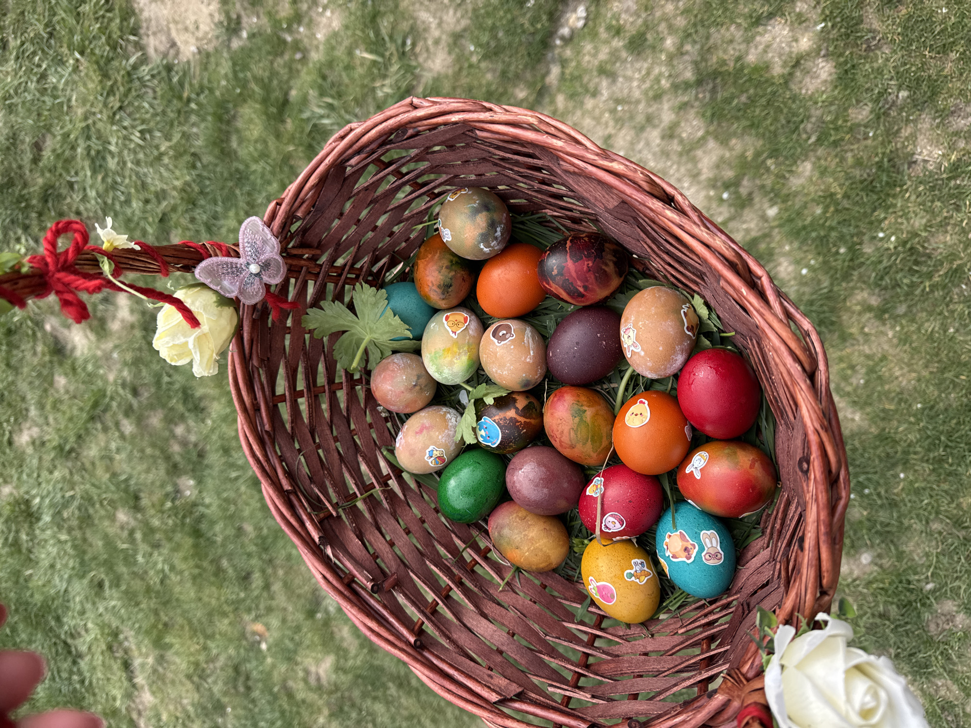 Easter basket with decorated eggs displayed in Sofia