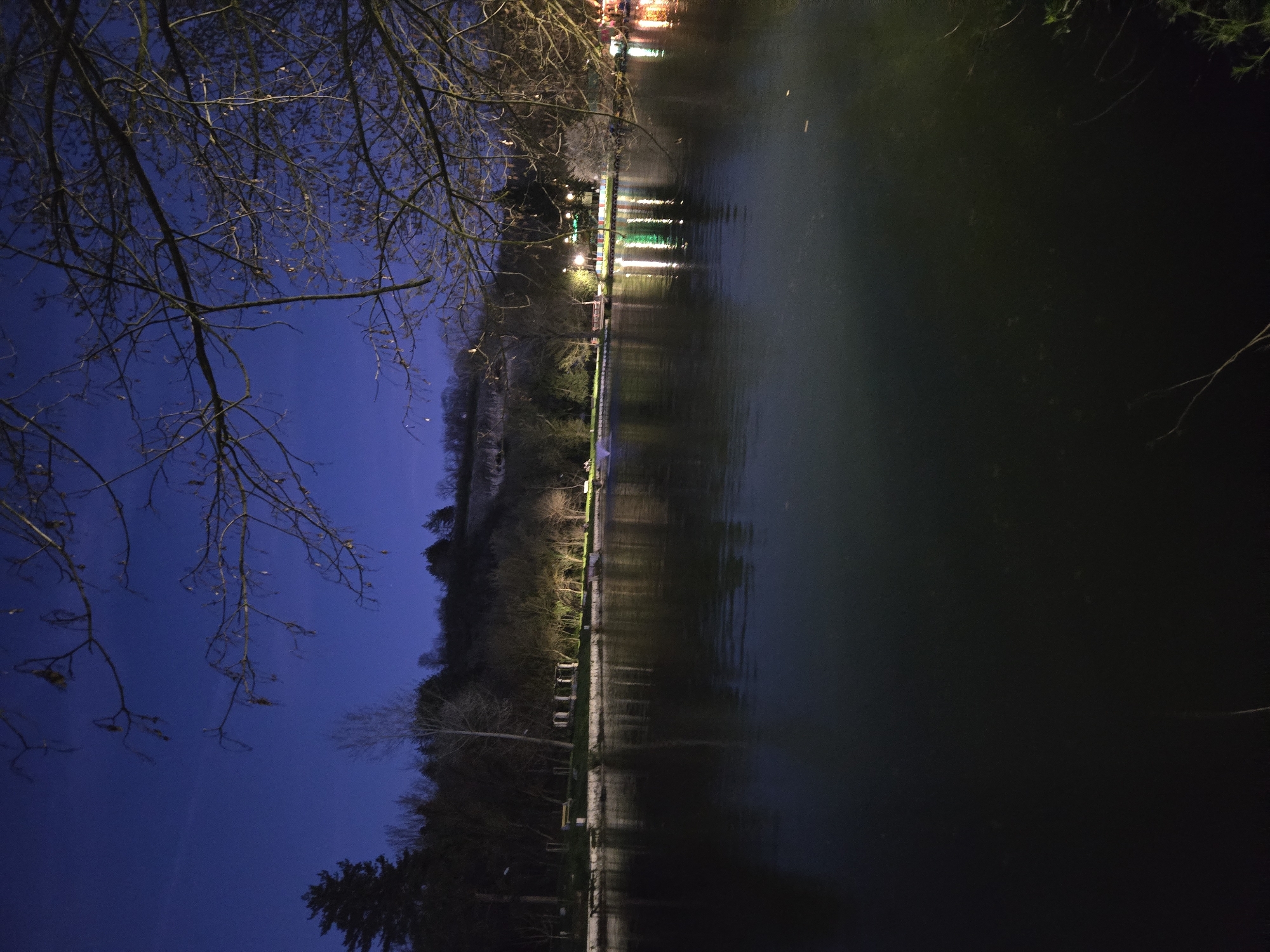 Nighttime scene with water reflections and starlit sky observed