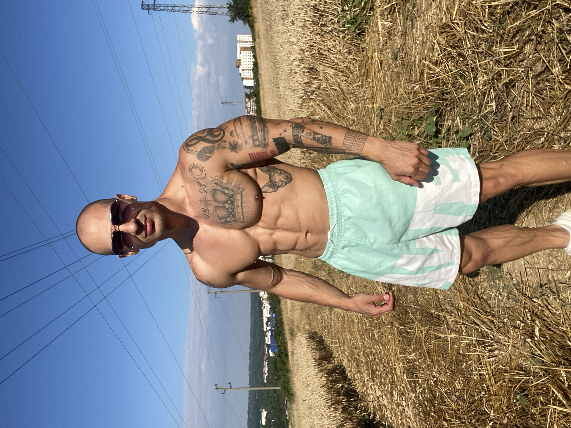 Tattooed figure poses in a dry wheat field near Pleven