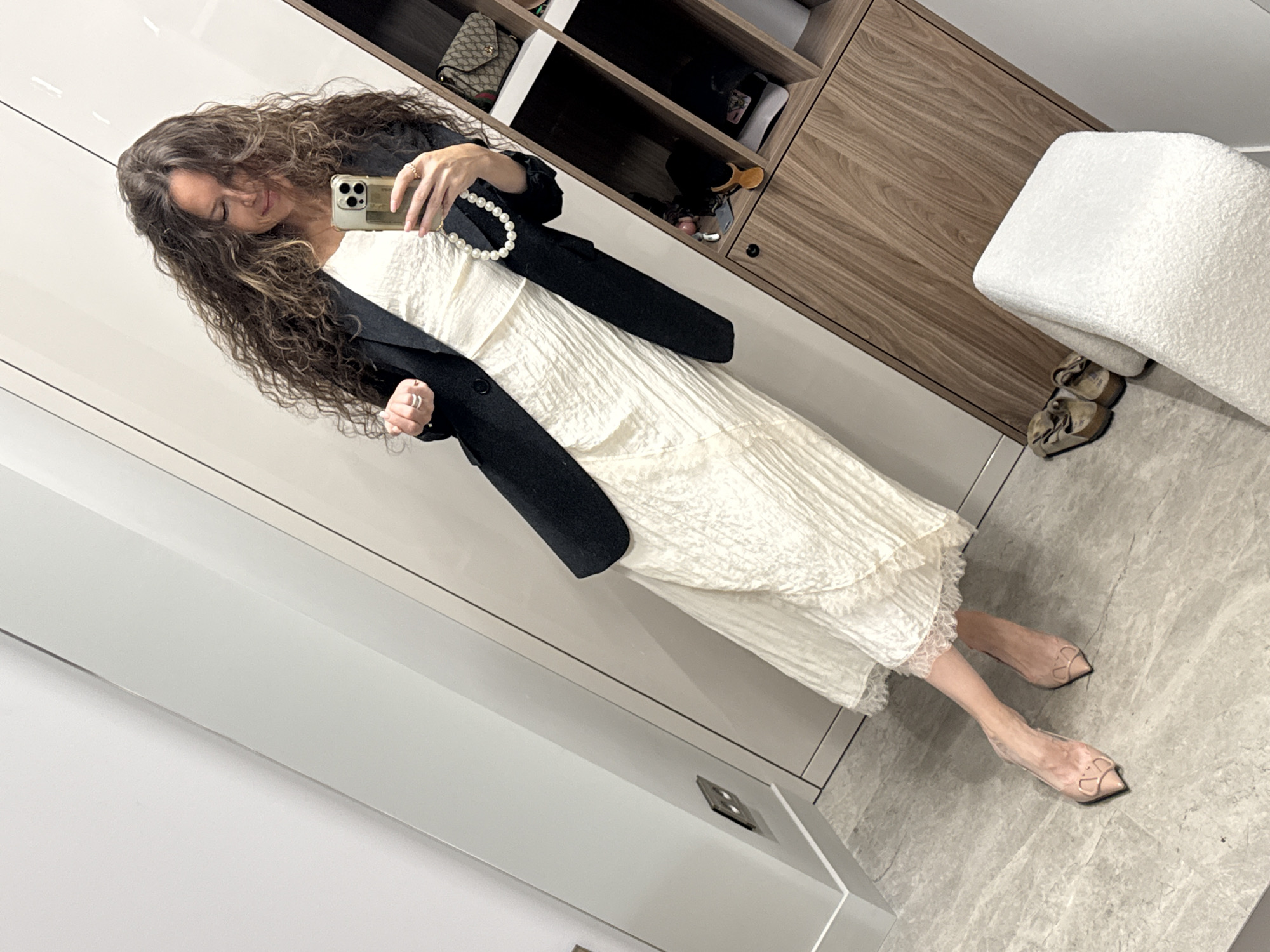 Mirror selfie in a Khimki dressing room, cream lace midi dress
