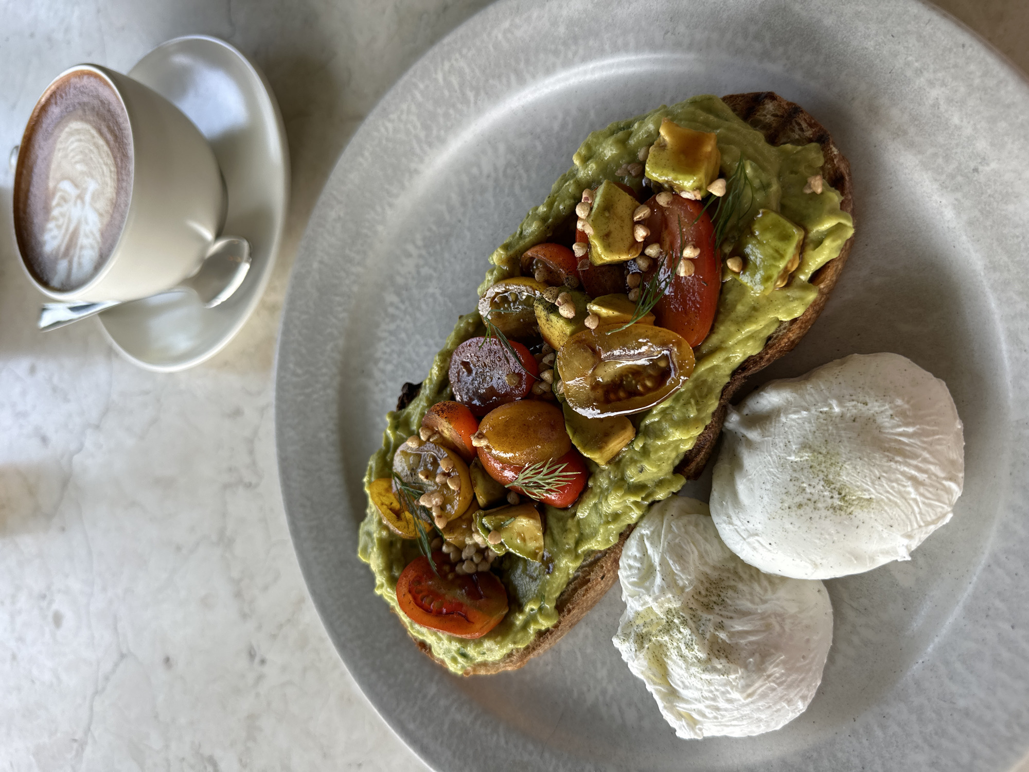 Breakfast documentation: avocado toast with poached eggs and latte