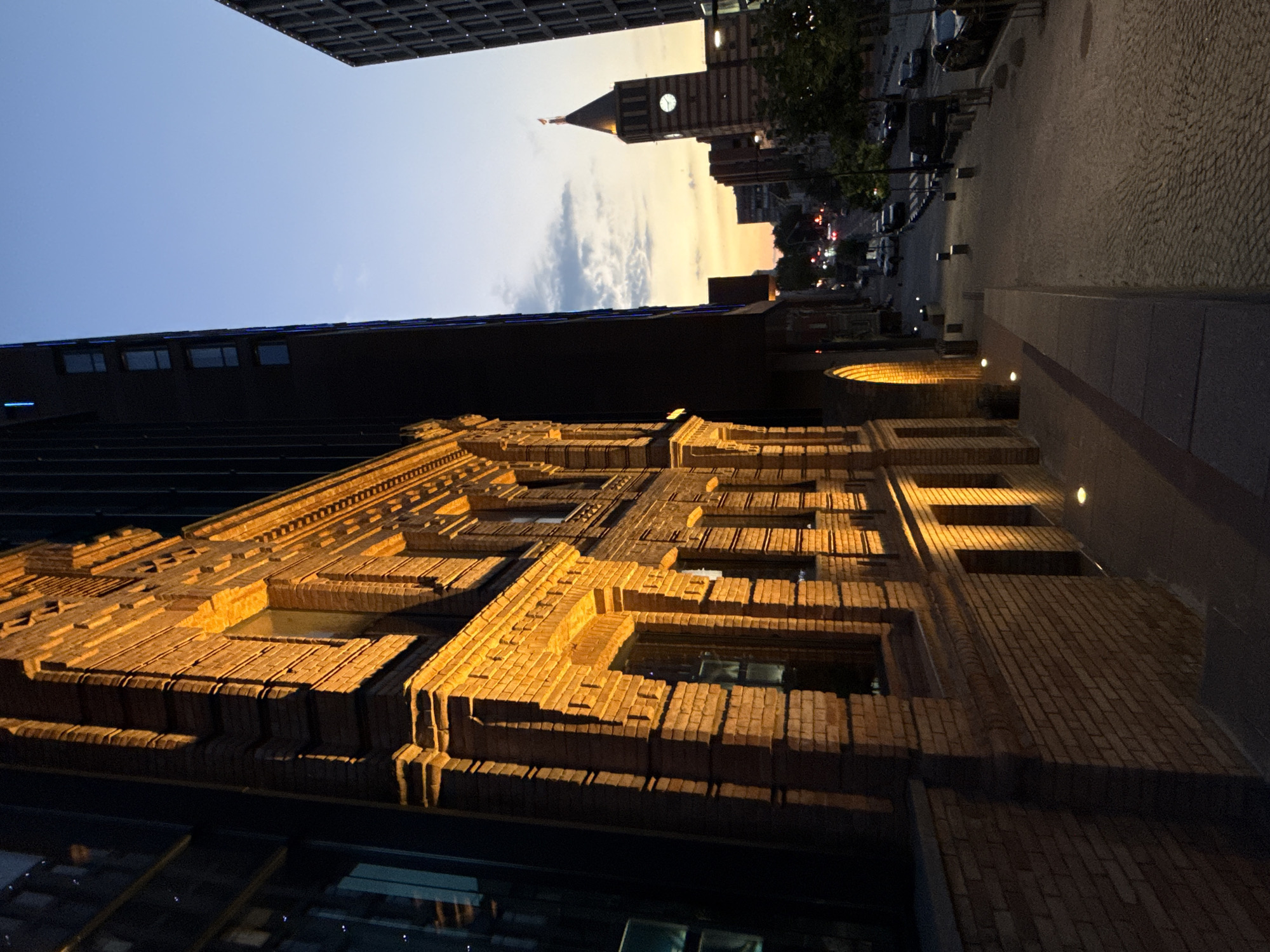 Dnipro city center at dusk, streets and sculpture square