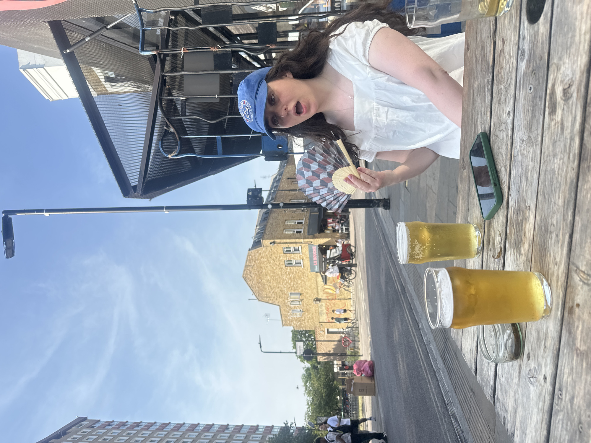 Hot afternoon drinks at a London pub, street life nearby