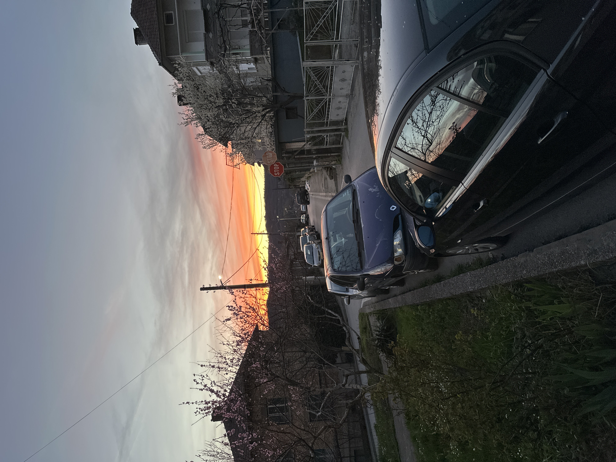 Sunset colors illuminate residential street in Dryanovo, Bulgaria