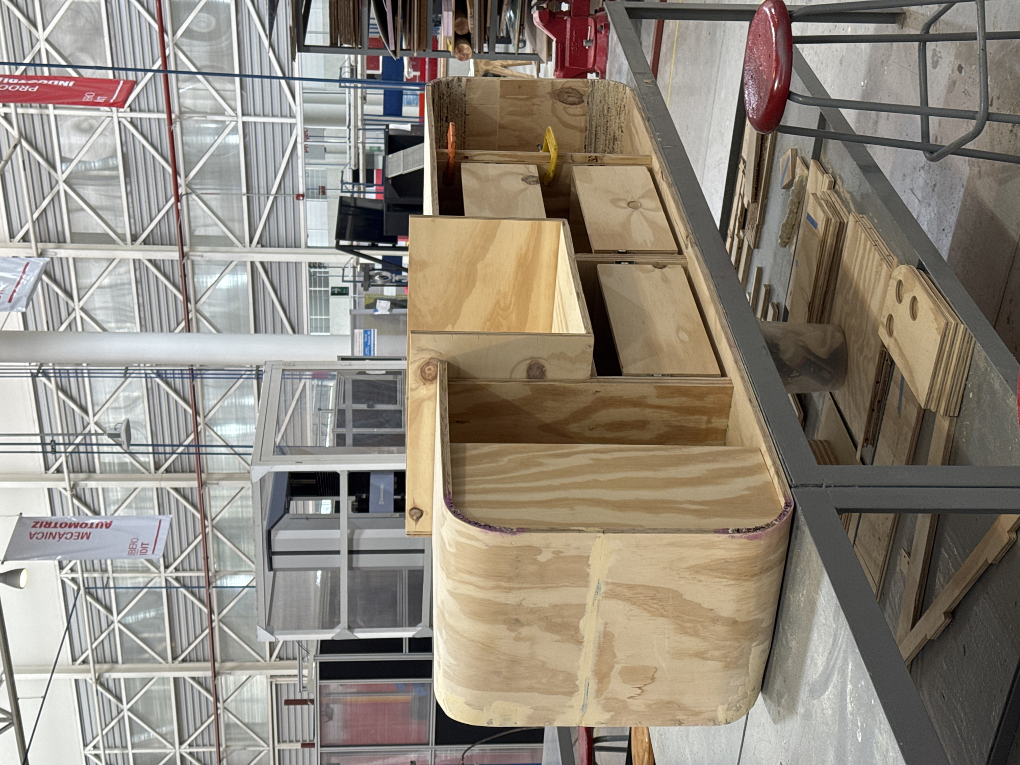 Wooden storage unit under construction in Mexico workshop