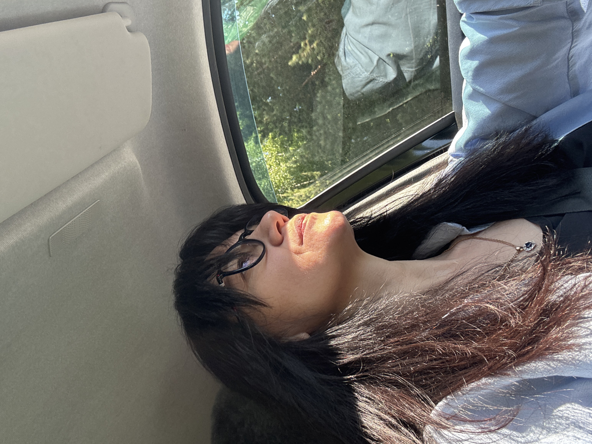 Person rests in vehicle on tree-lined road in Chaikovsky