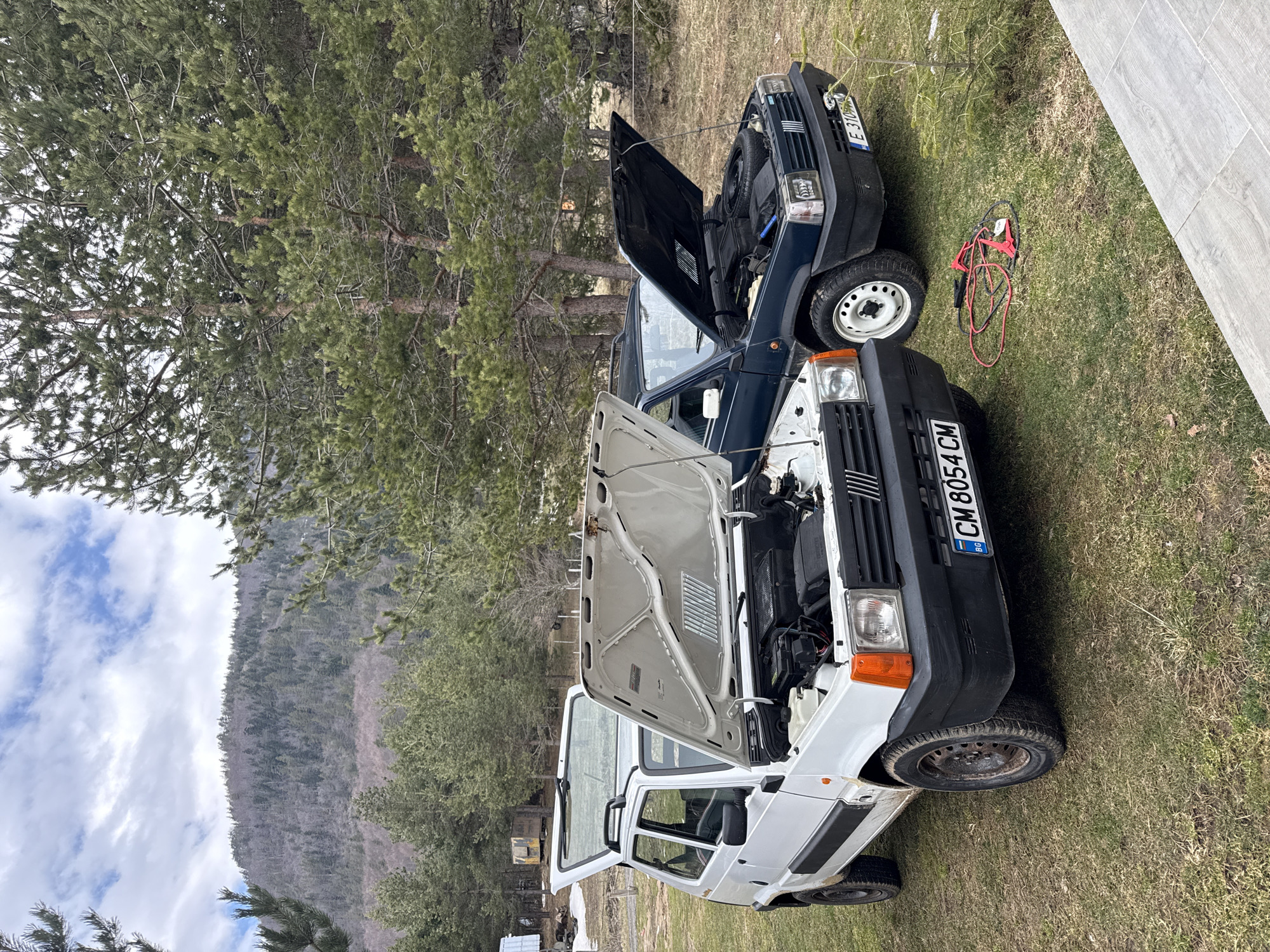 Two Fiat Pandas undergo roadside maintenance in Bulgarian village