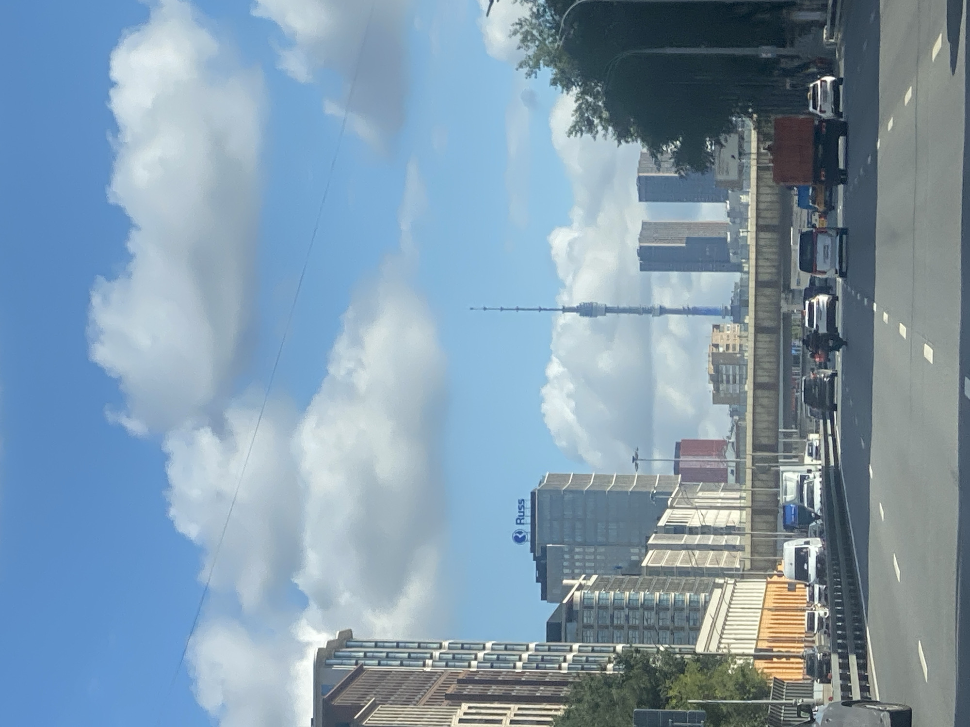 Morning highway traffic near Moscow's residential high-rises