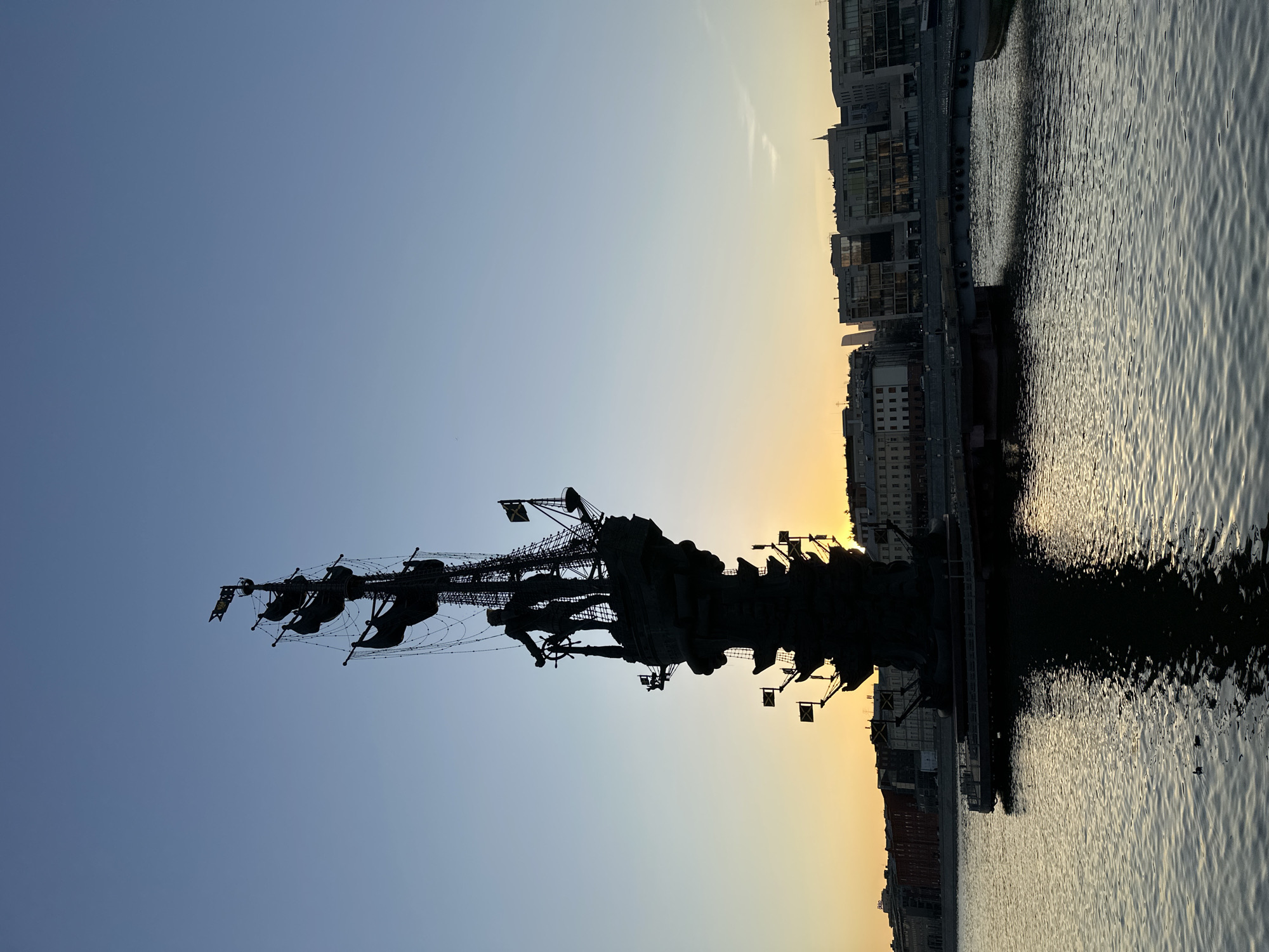 Peter the Great Statue silhouetted against Moscow sunset