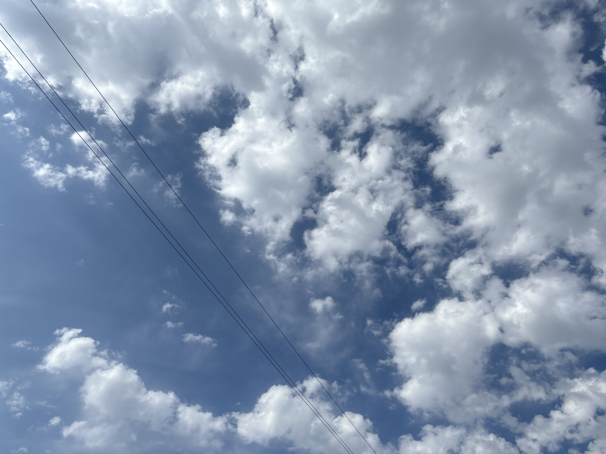 Looking up at Tashkent's skyline: TV tower, clouds, wires