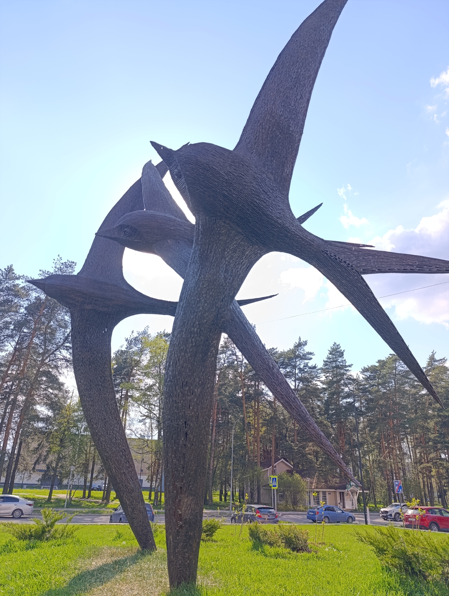 Casual park moments captured: bird sculptures, selfies, shadows documented