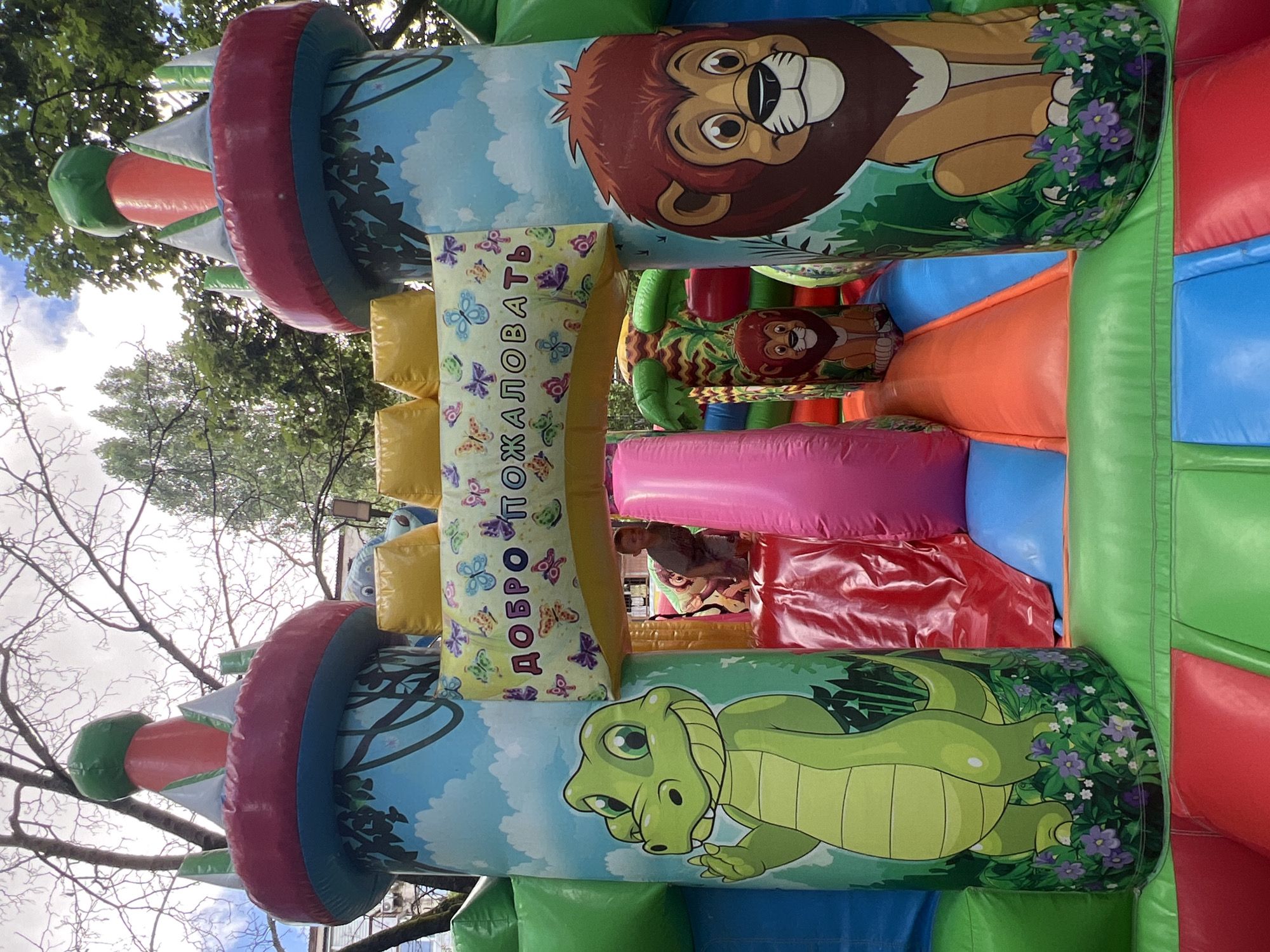 Bounce castles, a church under construction, and garden close-ups