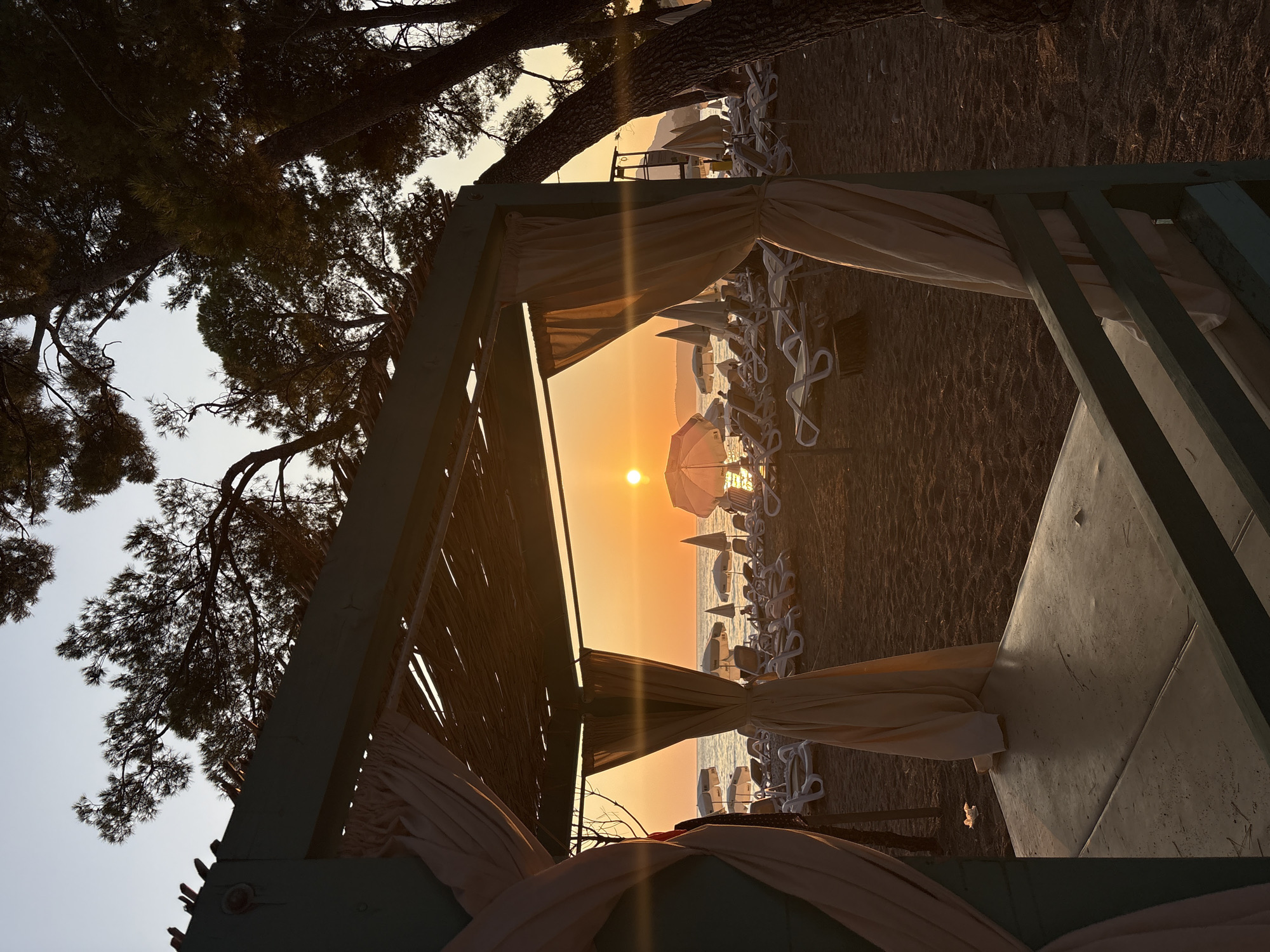 Adriatic sunset over Bar, framed from beach and olive trees