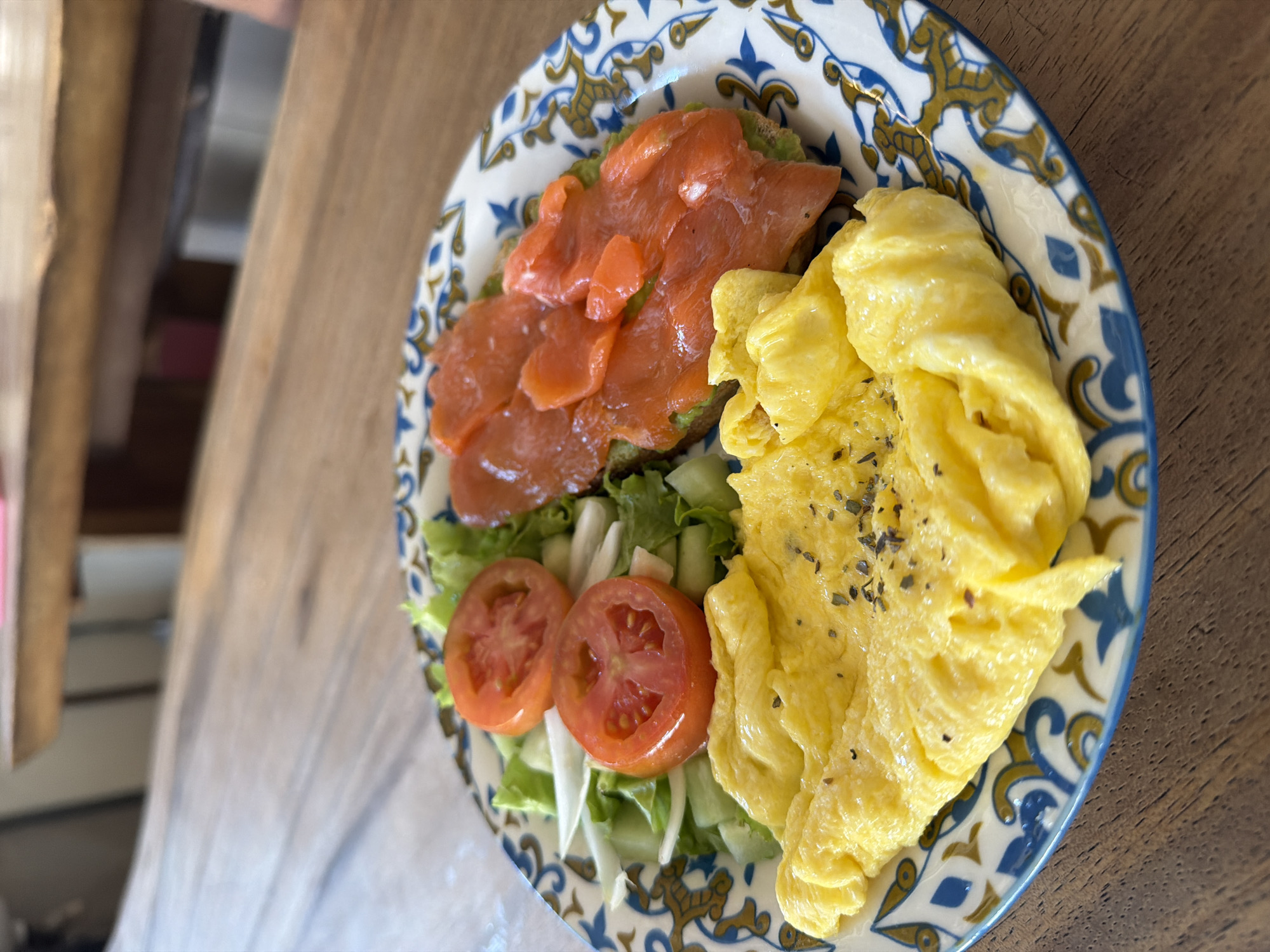 Morning meal documented on wooden table in Kuta