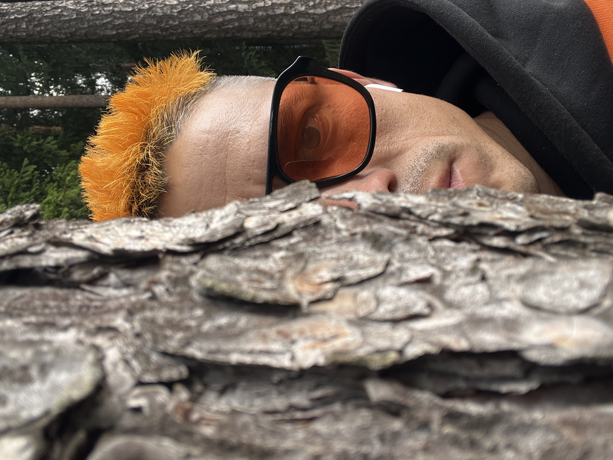 Low-angle outdoor portrait with tree bark and orange hair