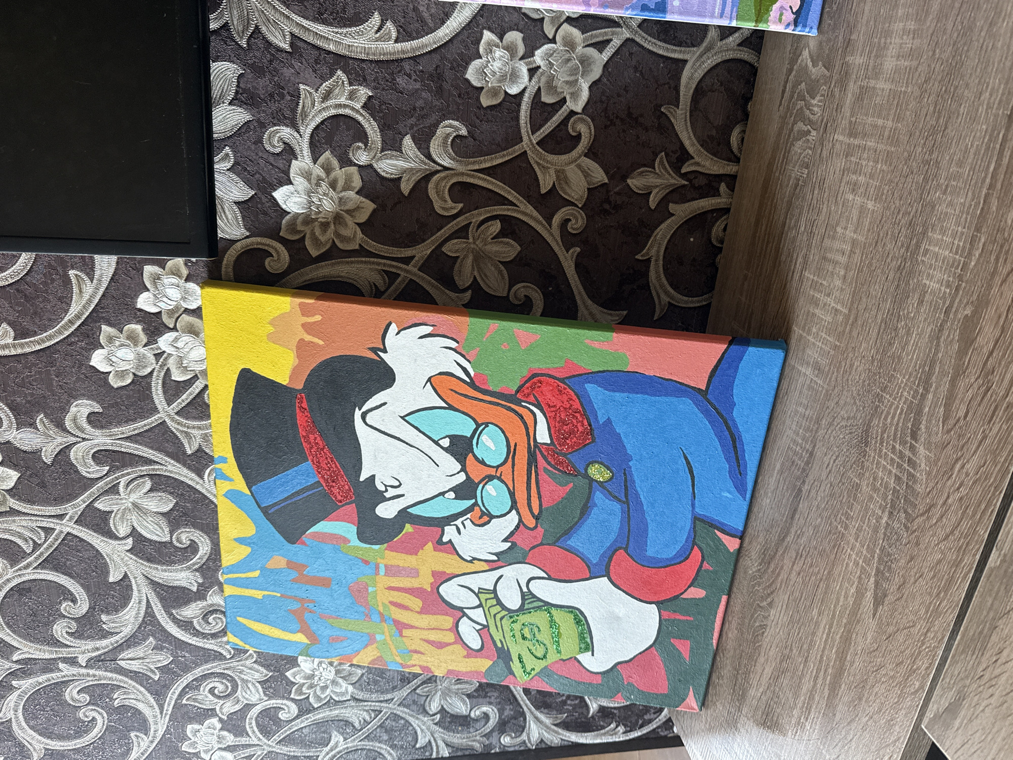 Canvas painting of Scrooge McDuck-like character photographed