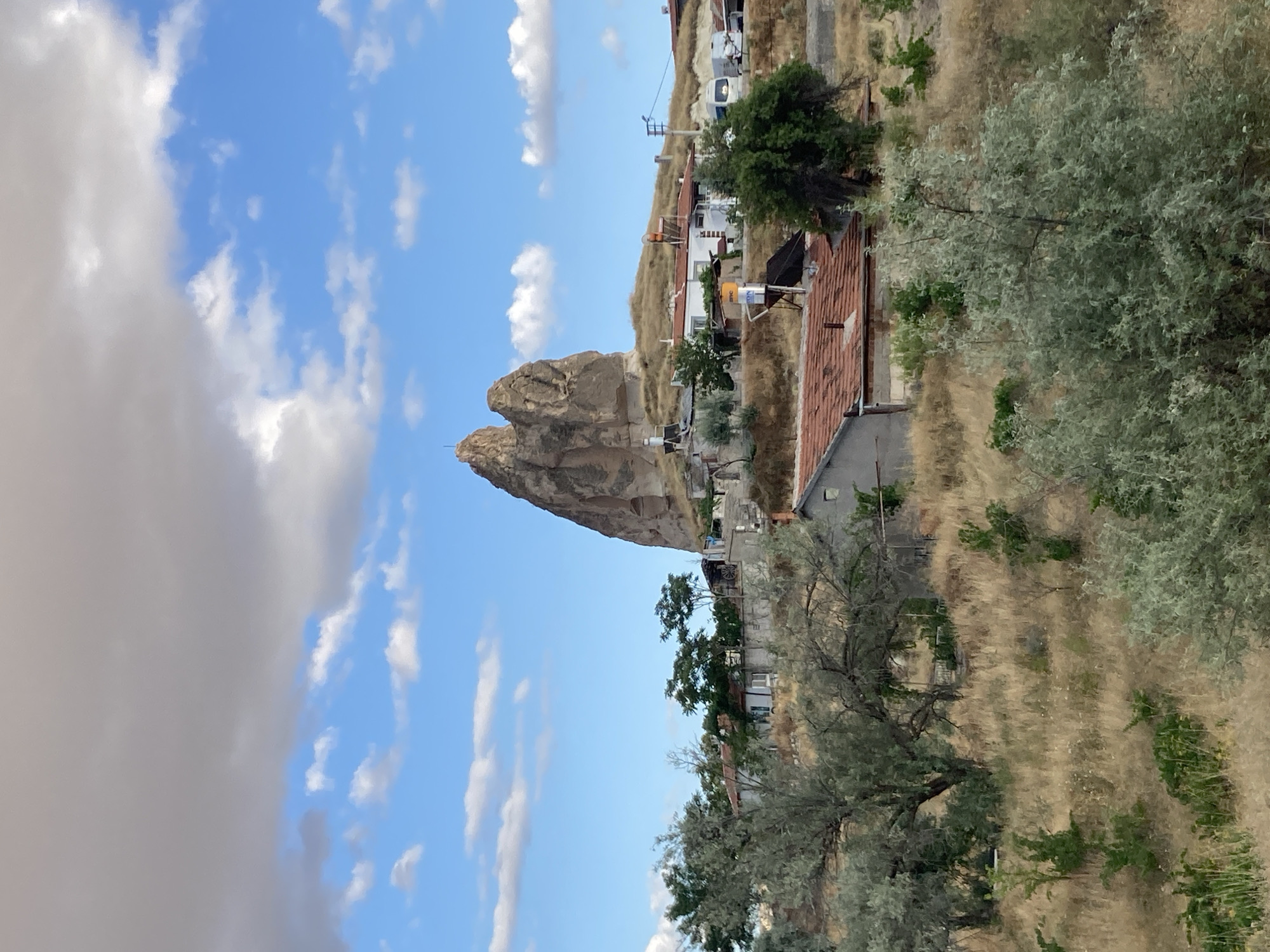 Afternoon scenes from Avanos: farmland, rocky horizons, and a curious cat