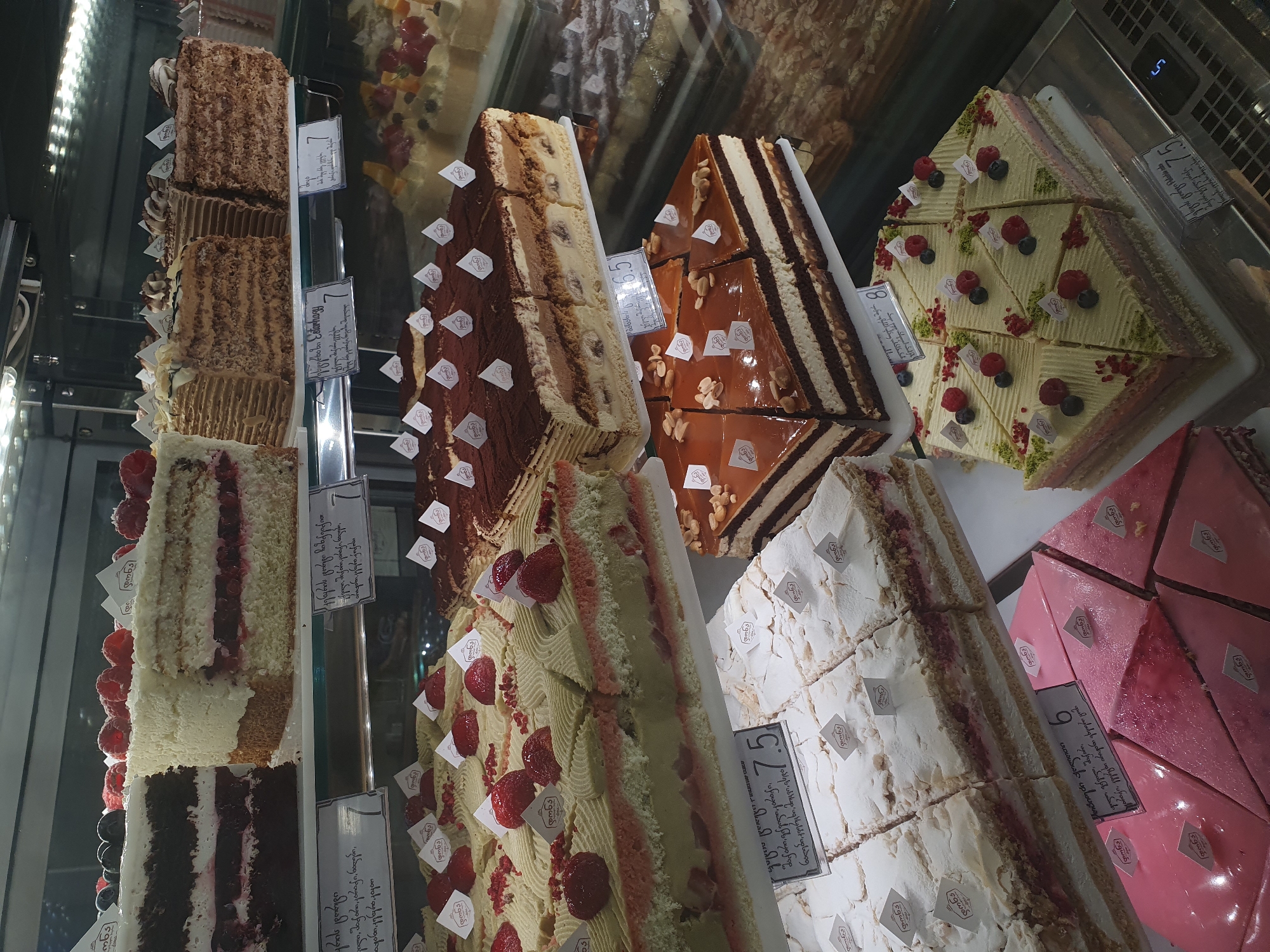 Inside a Batumi bakery's cake and pastry display