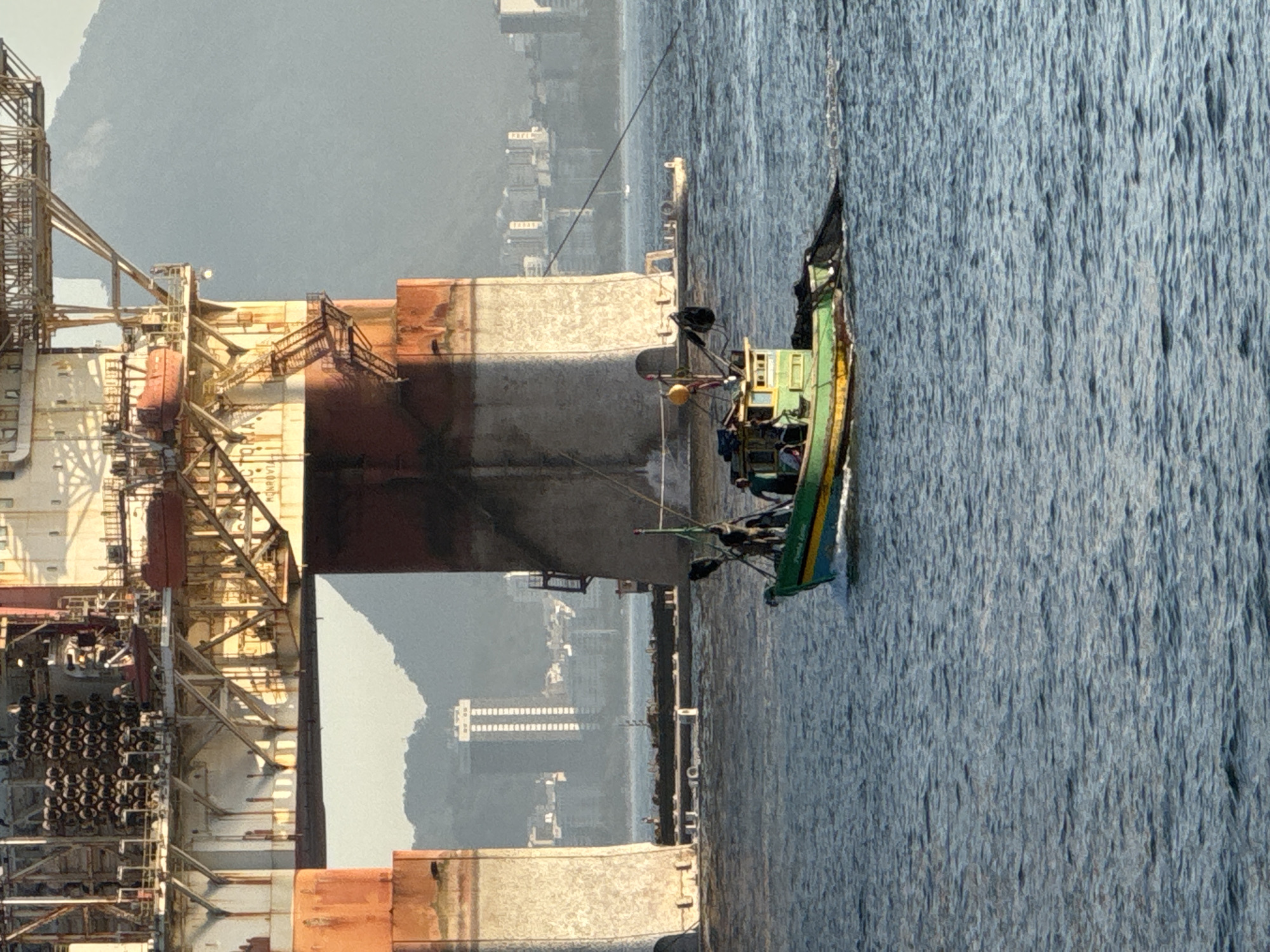 Fishing boats, an oil rig, and an egret on Guanabara Bay