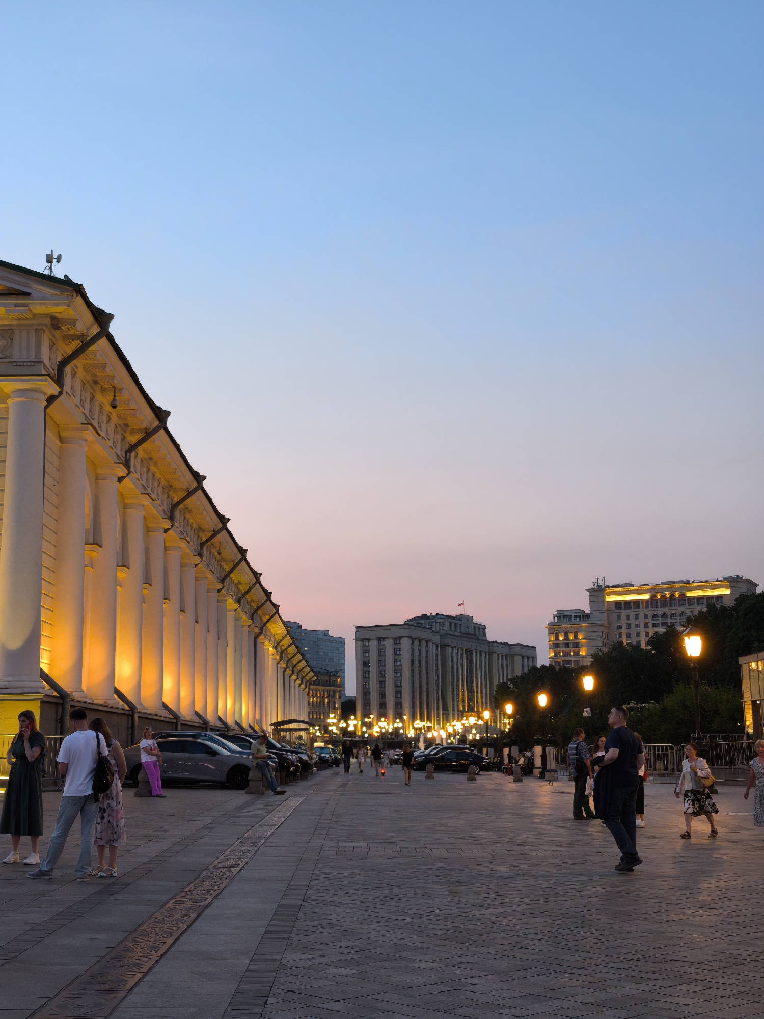 Moscow landmarks illuminated at dusk on June evening