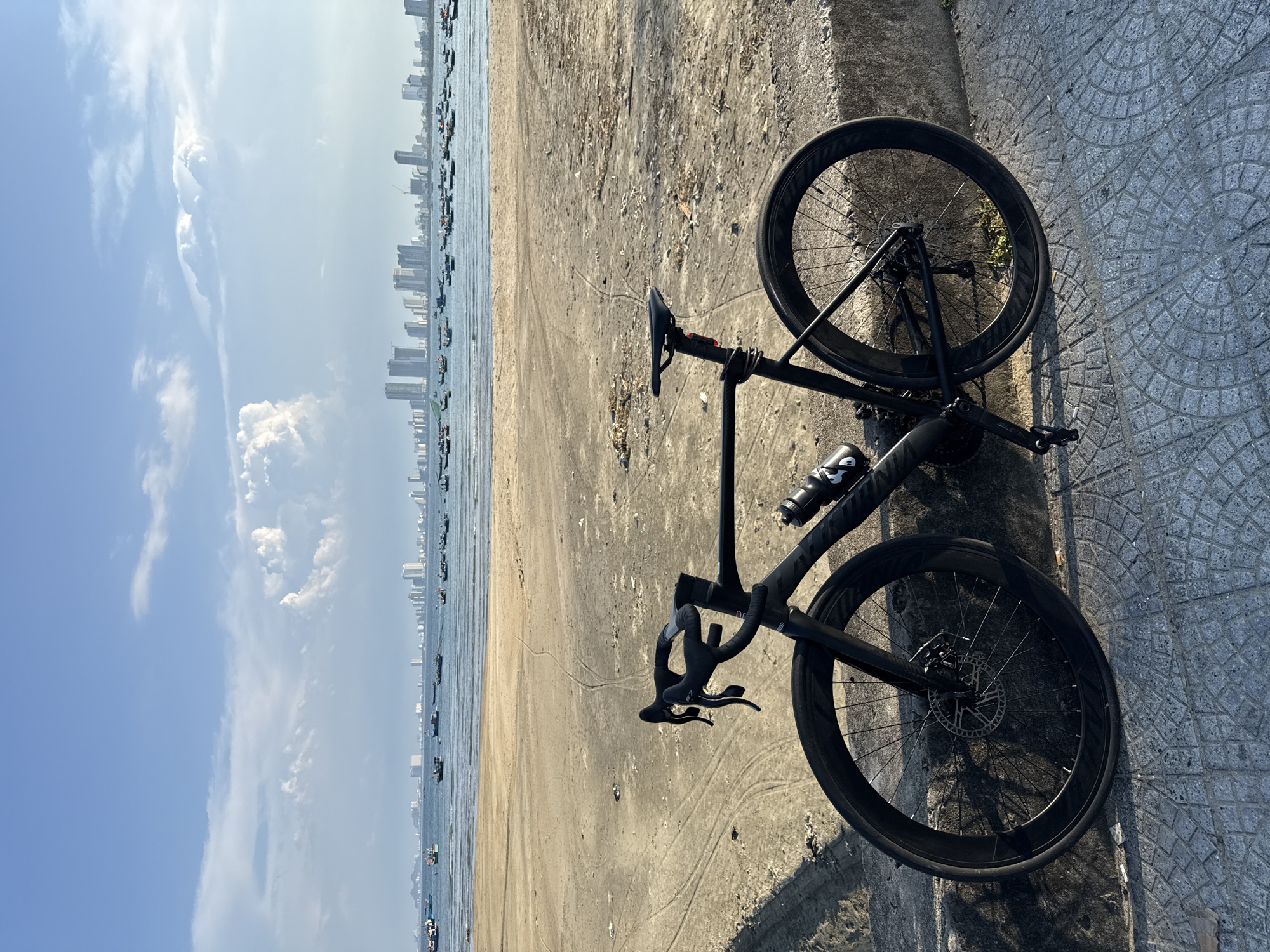 Pink-haired man with bicycle photographed on Đà Nẵng beach