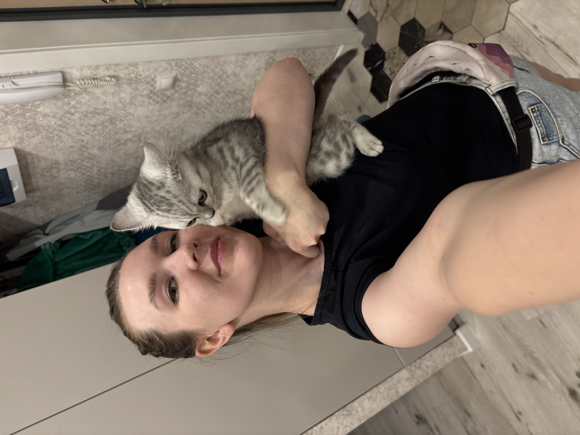 Woman takes selfies with gray kitten in Izhevsk apartment