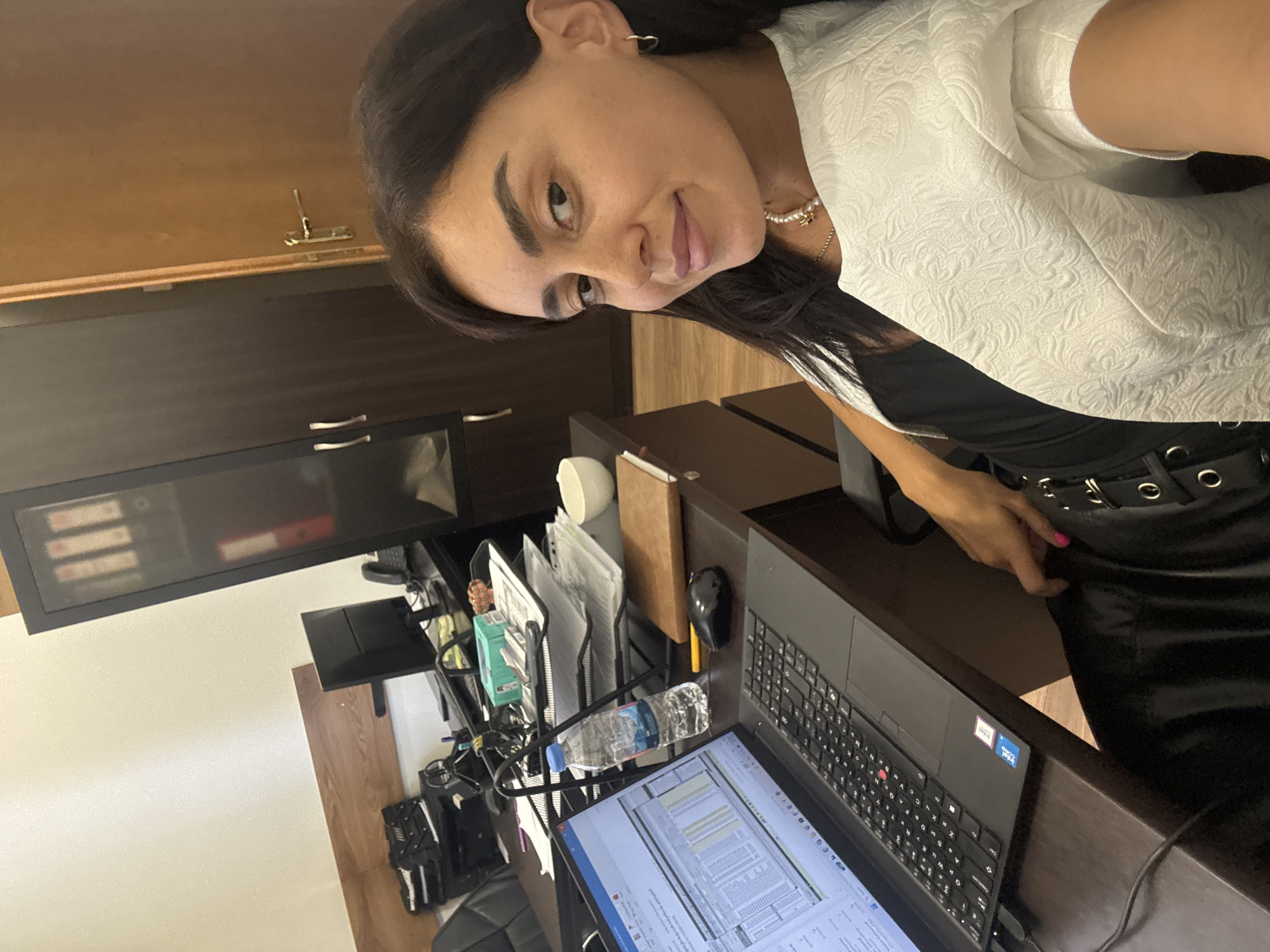Quick office photo session in Tbilisi, white blazer and pearl necklace