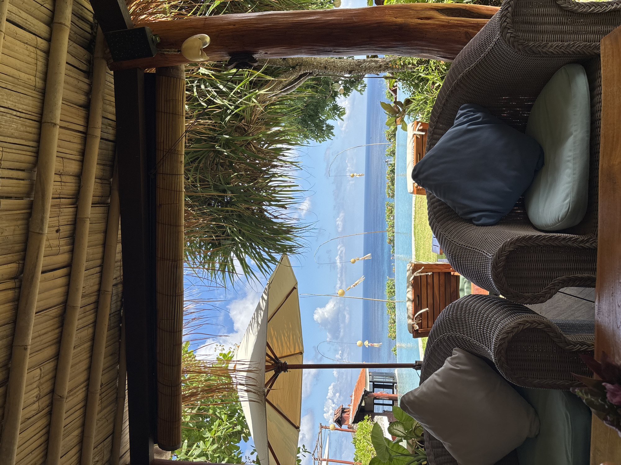 Morning coffee scene captured at oceanview patio in Kuta Selatan