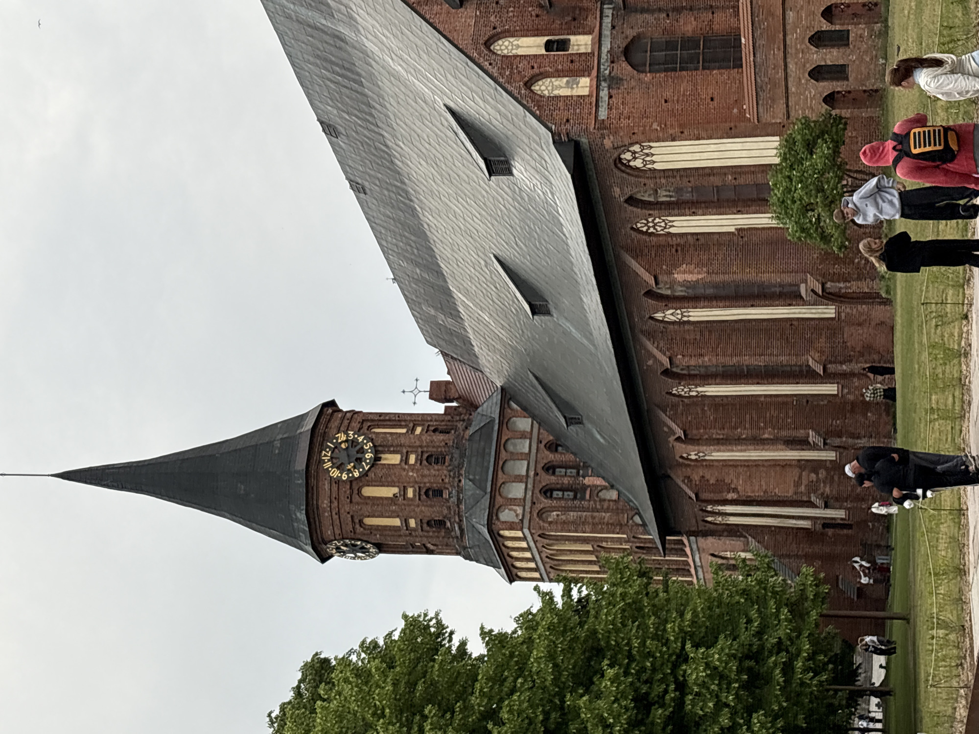 Street musician performs near Kaliningrad Cathedral on overcast evening