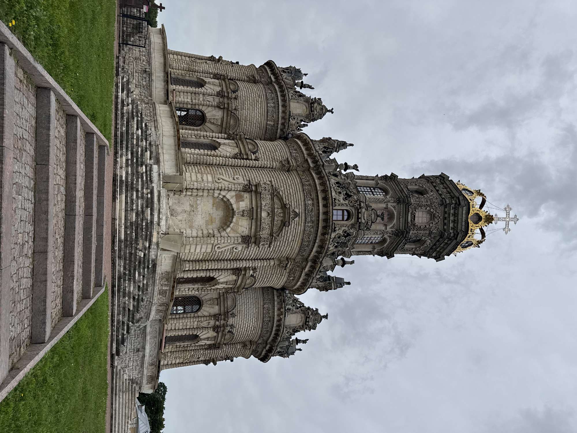 Baroque church in Dubrovitsy, multiple angles on a cloudy morning