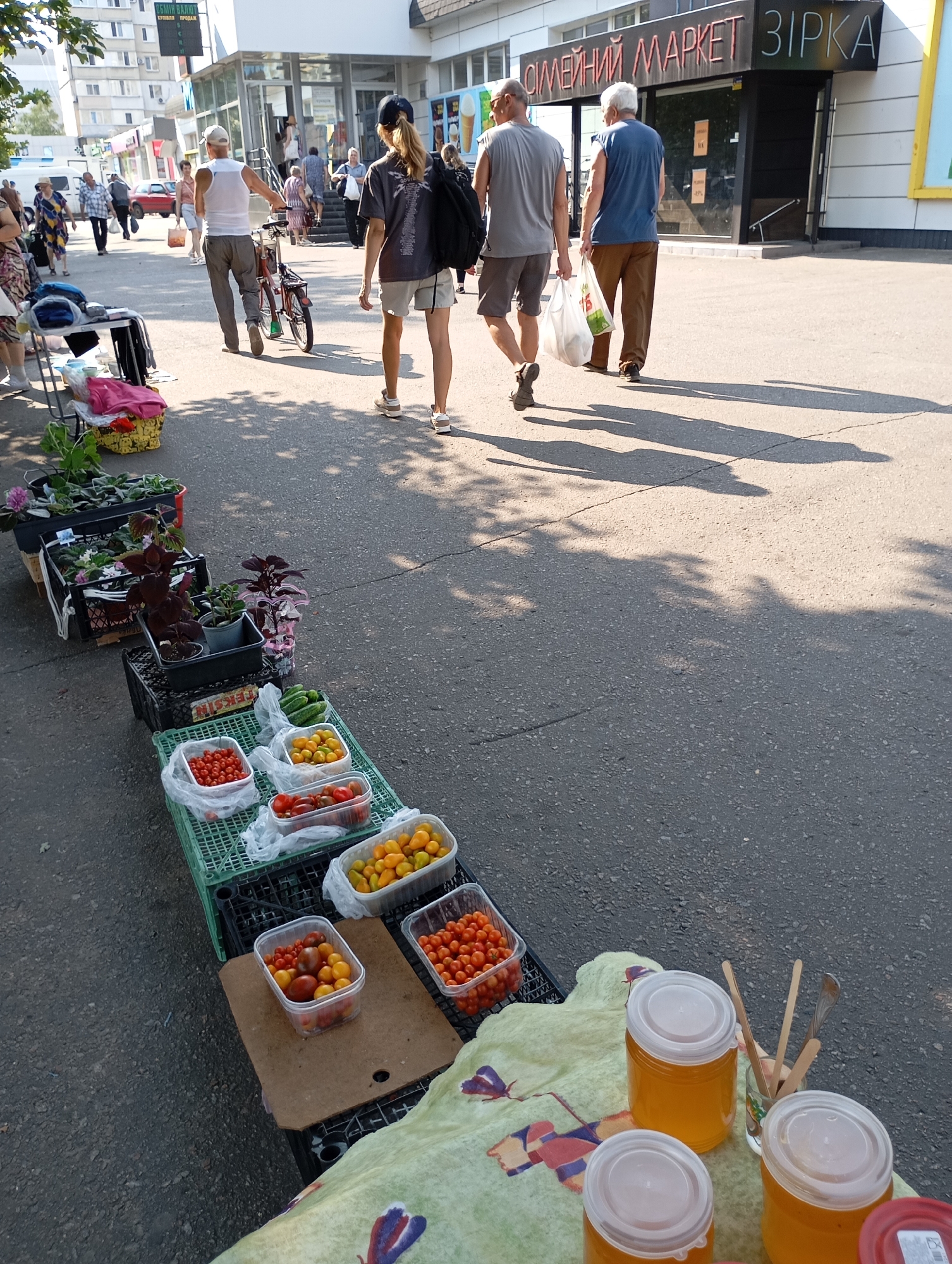 Street market morning in Horishni Plavni, produce and petunias