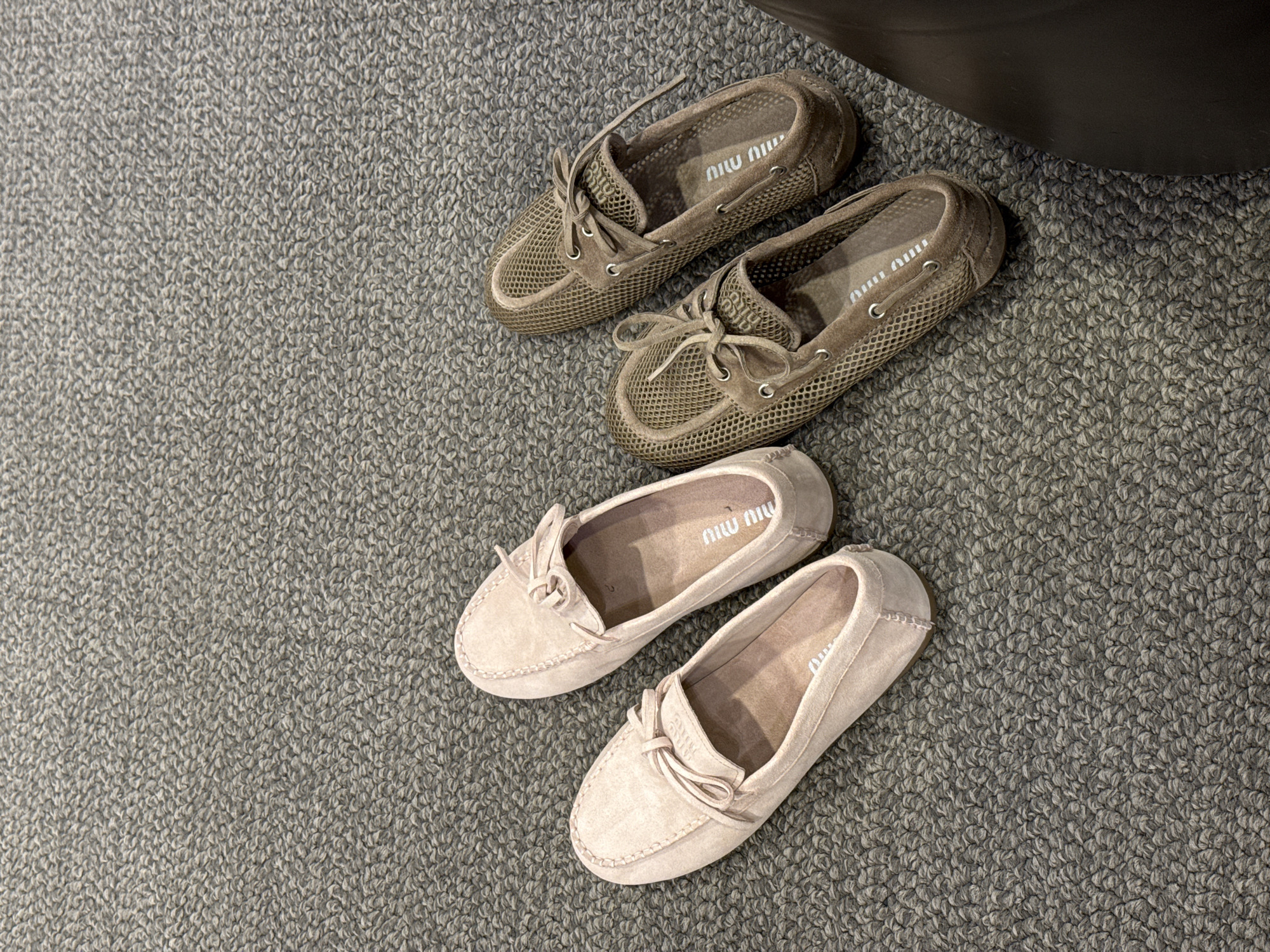 Miu Miu shoes photographed on carpet in San Diego