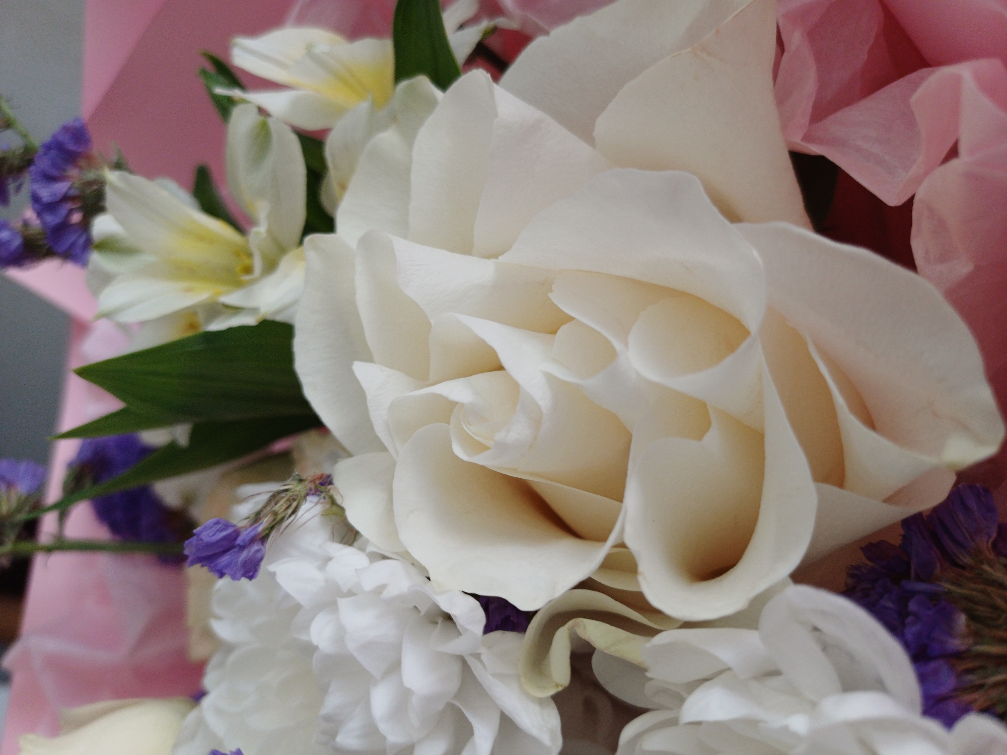 Close-up series of a mixed floral bouquet in pink wrapping