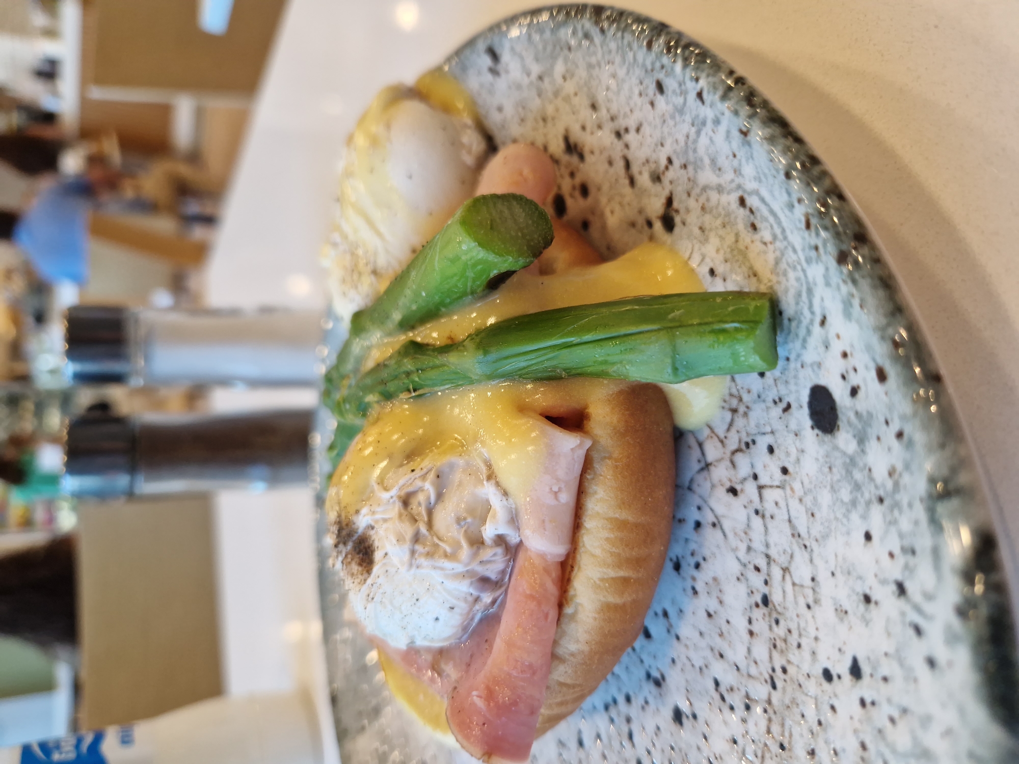 Eggs Benedict with asparagus, multiple angles, Sofia café