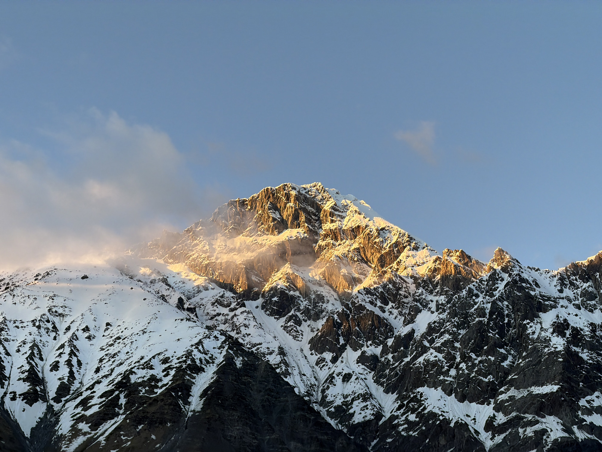 Mount Kazbek photographed with snow cover in Stepantsminda, Georgia