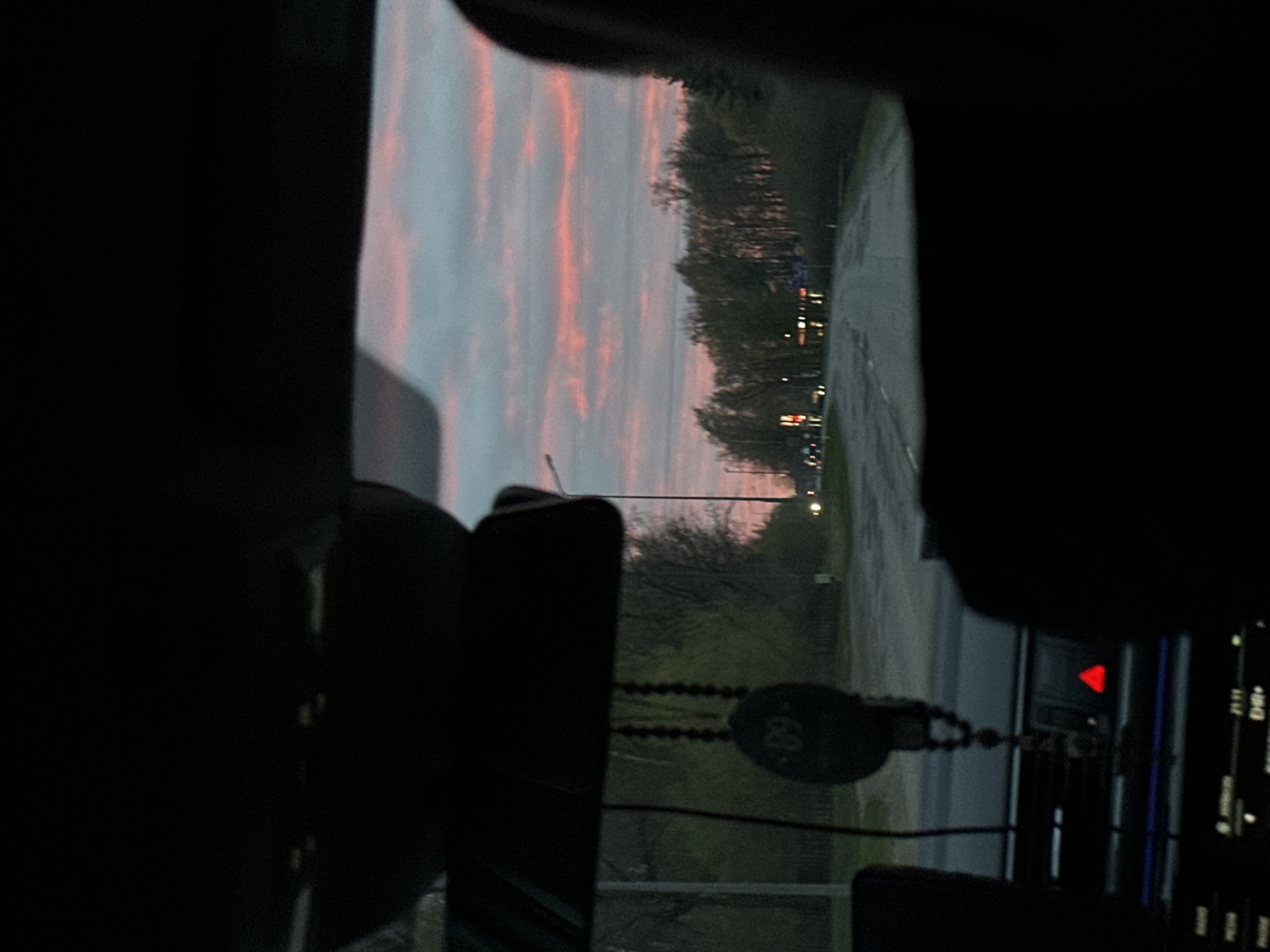 Evening drive captured along tree-lined road in Jelgava, Latvia