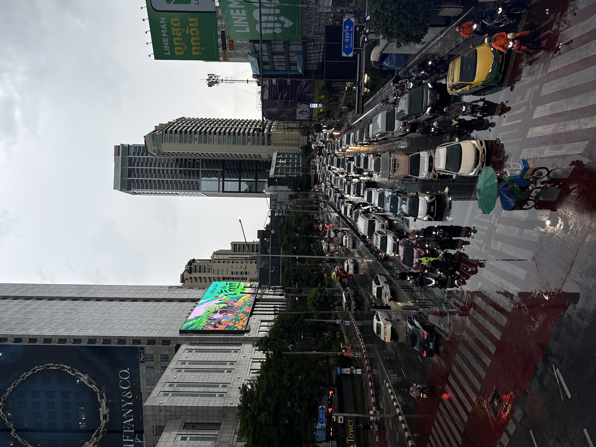 Bangkok traffic grinds through a rainy morning commute