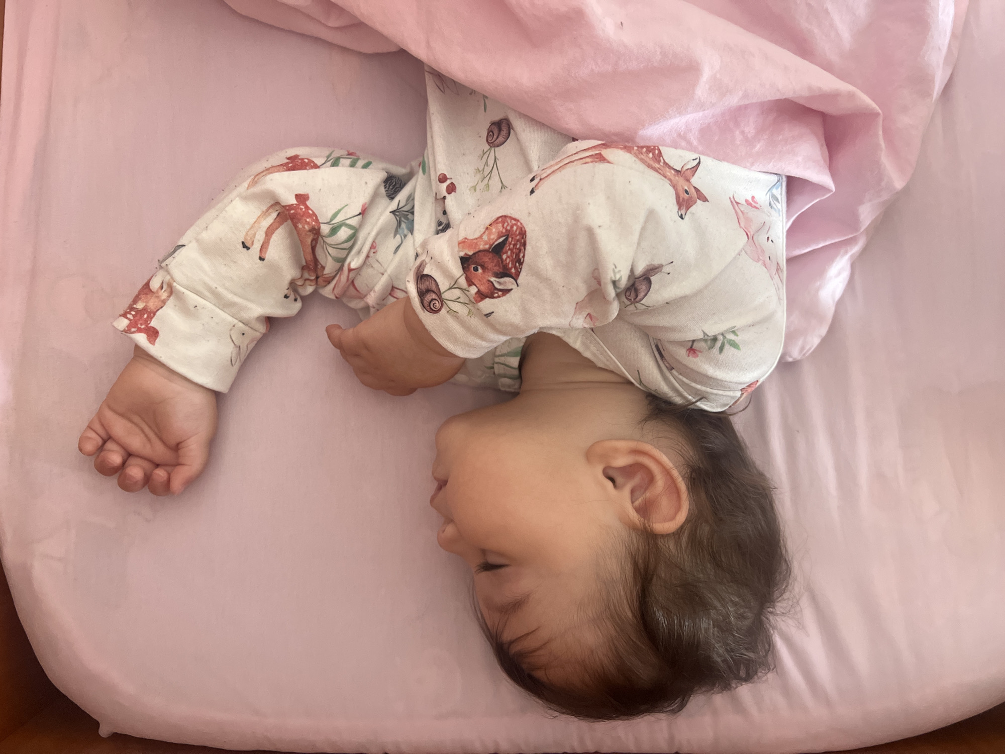 Baby rests in pink crib in Elena, Bulgaria