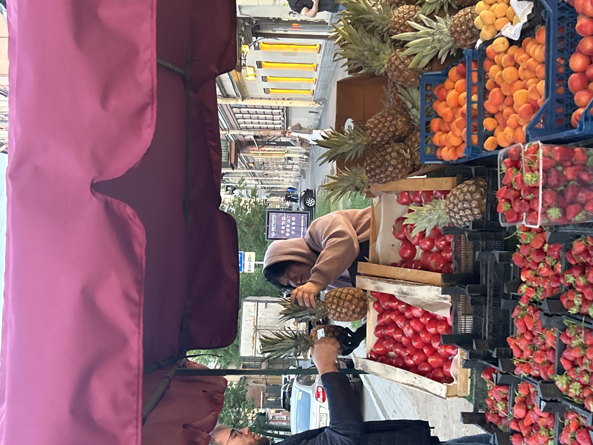 Evening fruit market operates during sunset in Saint Petersburg